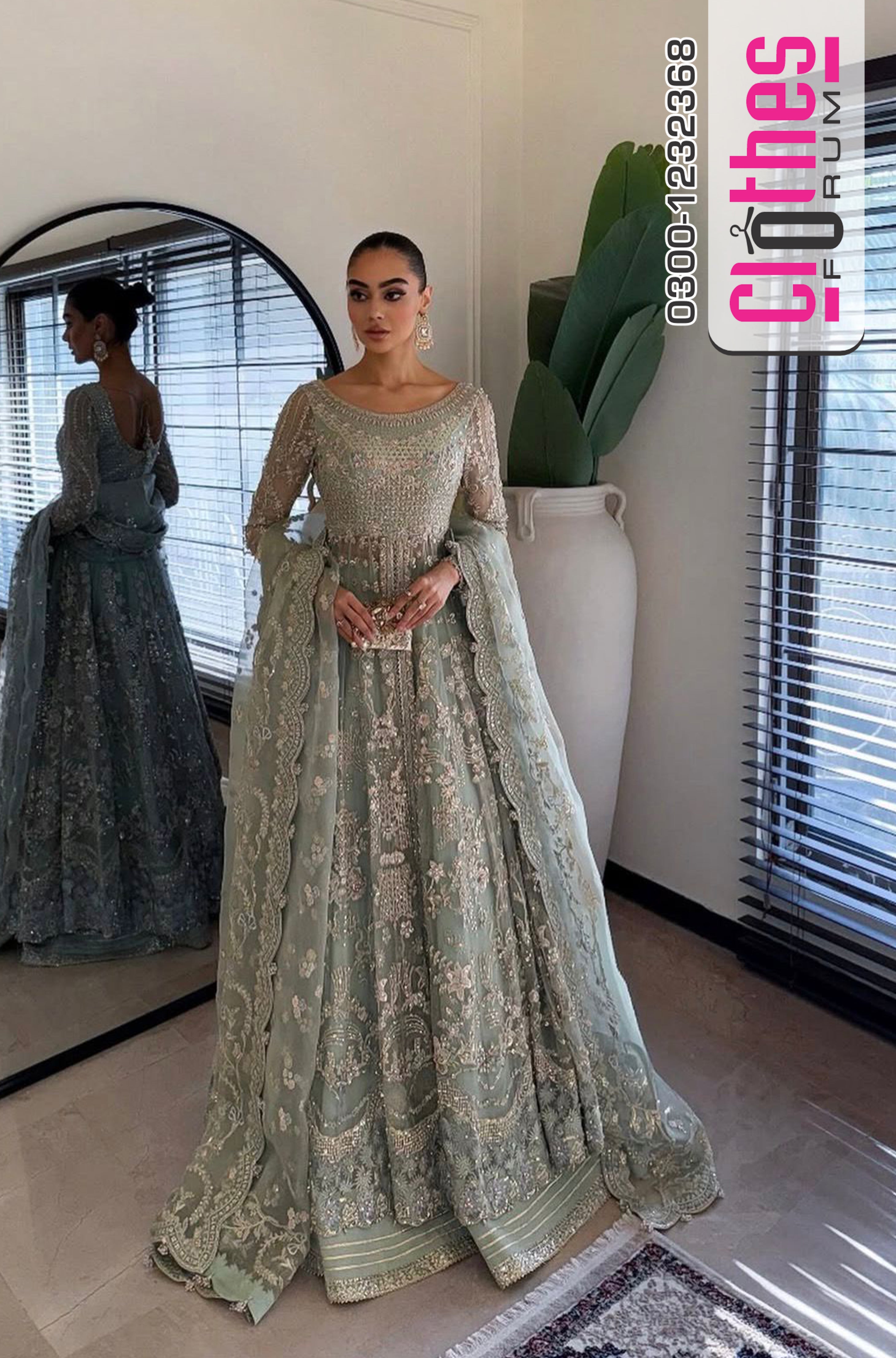 Faiza Saqlain | Mint 16-Panelled Hand-Embellished Pishwas