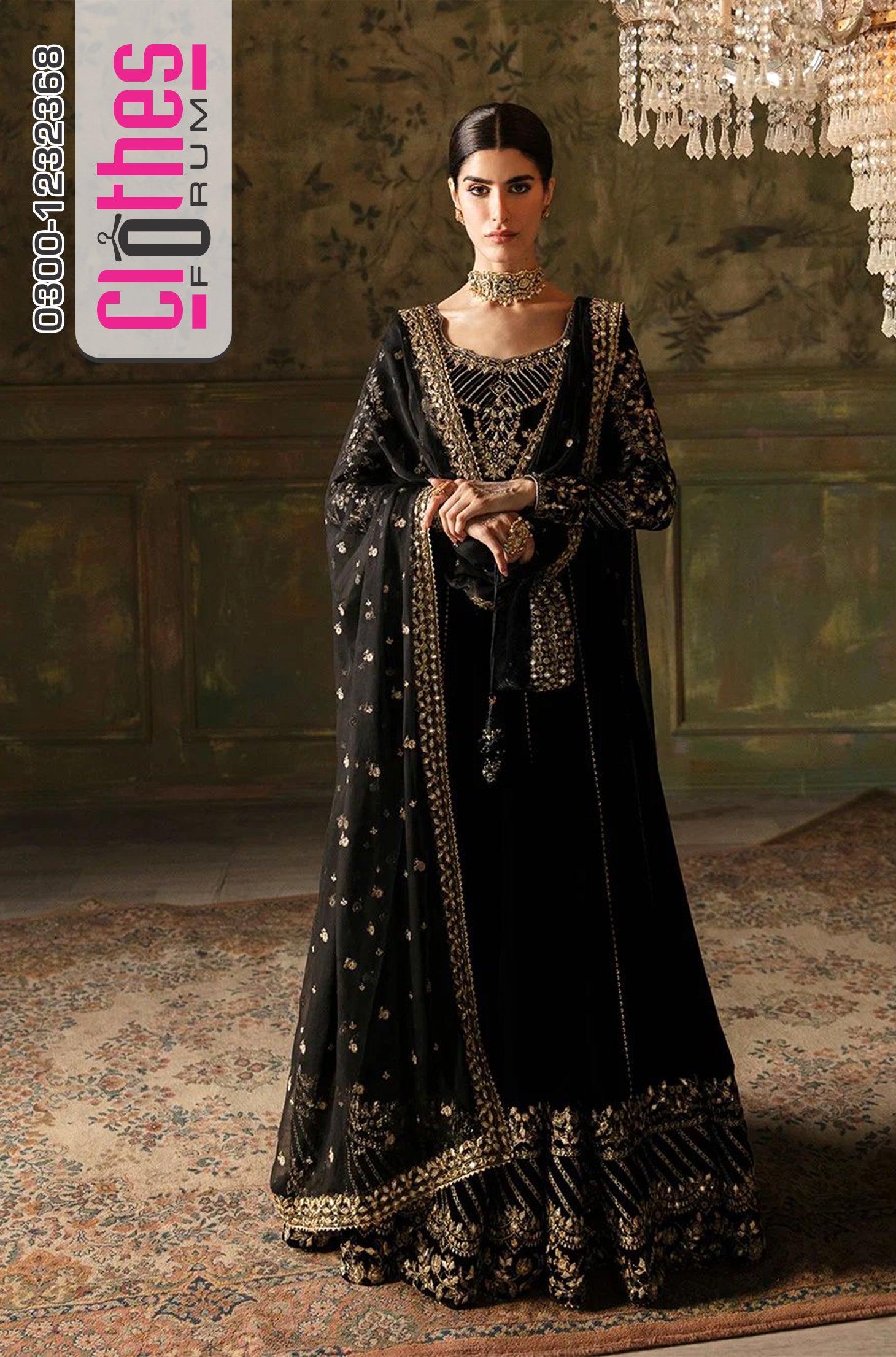 Faiza Saqlain Venera Black Velvet Embroidered Luxury Pishwas Suit