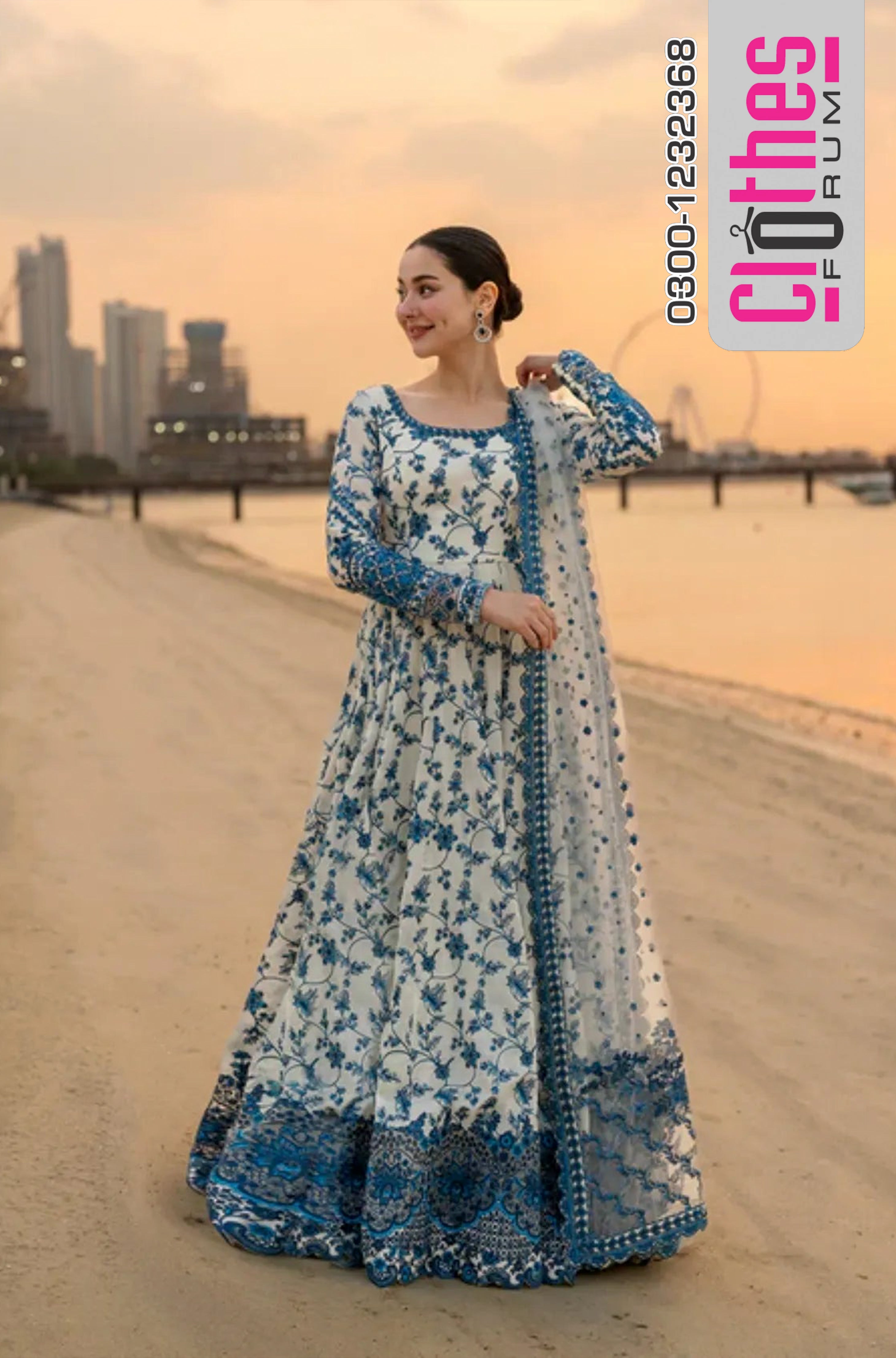 Faiza Saqlain Jehona 5-Yard Flare Lawn | Luxury Blue & White 2026