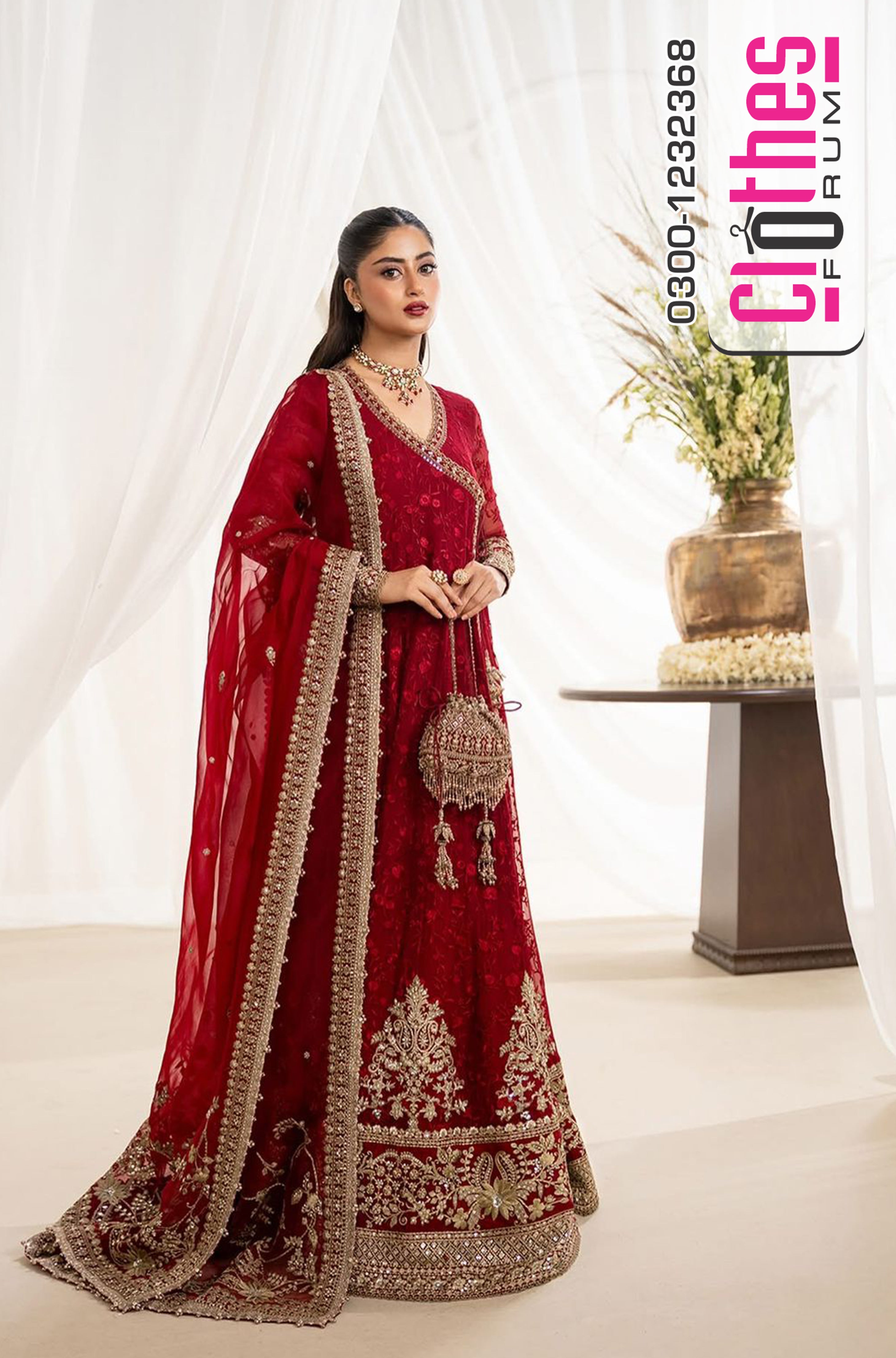 Faiza Saqlain Scarlet Chiffon Gul Suit | Embroidered Festive Formal