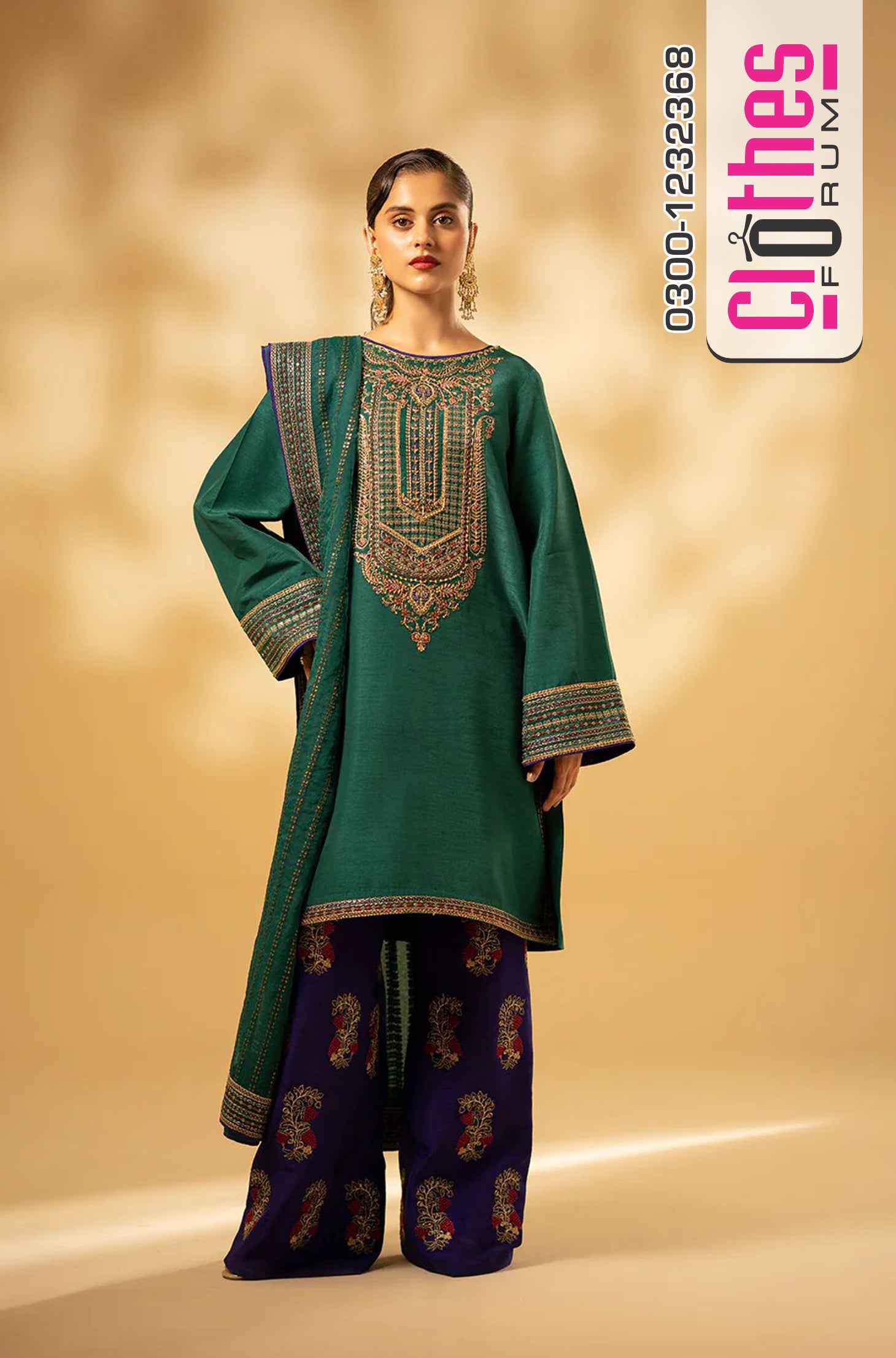 Fozia Khalid Winter Collection – Emerald Green Silk Embroidered Kurta Set
