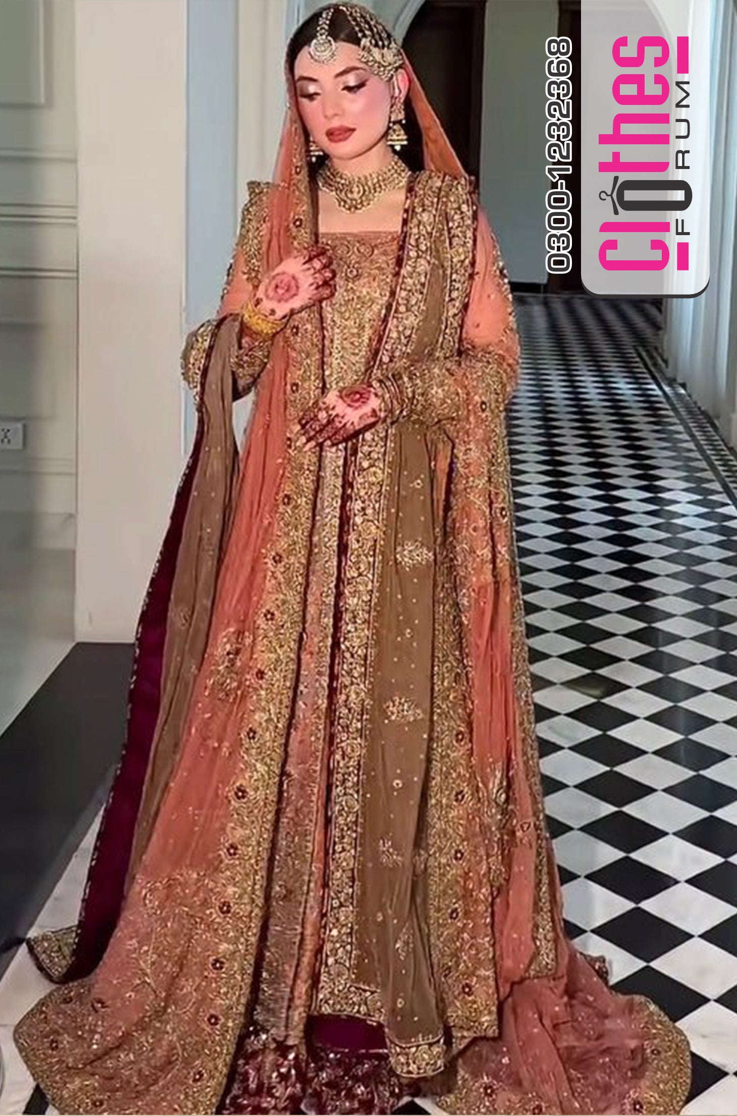 Haris Shakeel Coral Gold & Maroon Silk Embroidered Bridal Lehenga Set