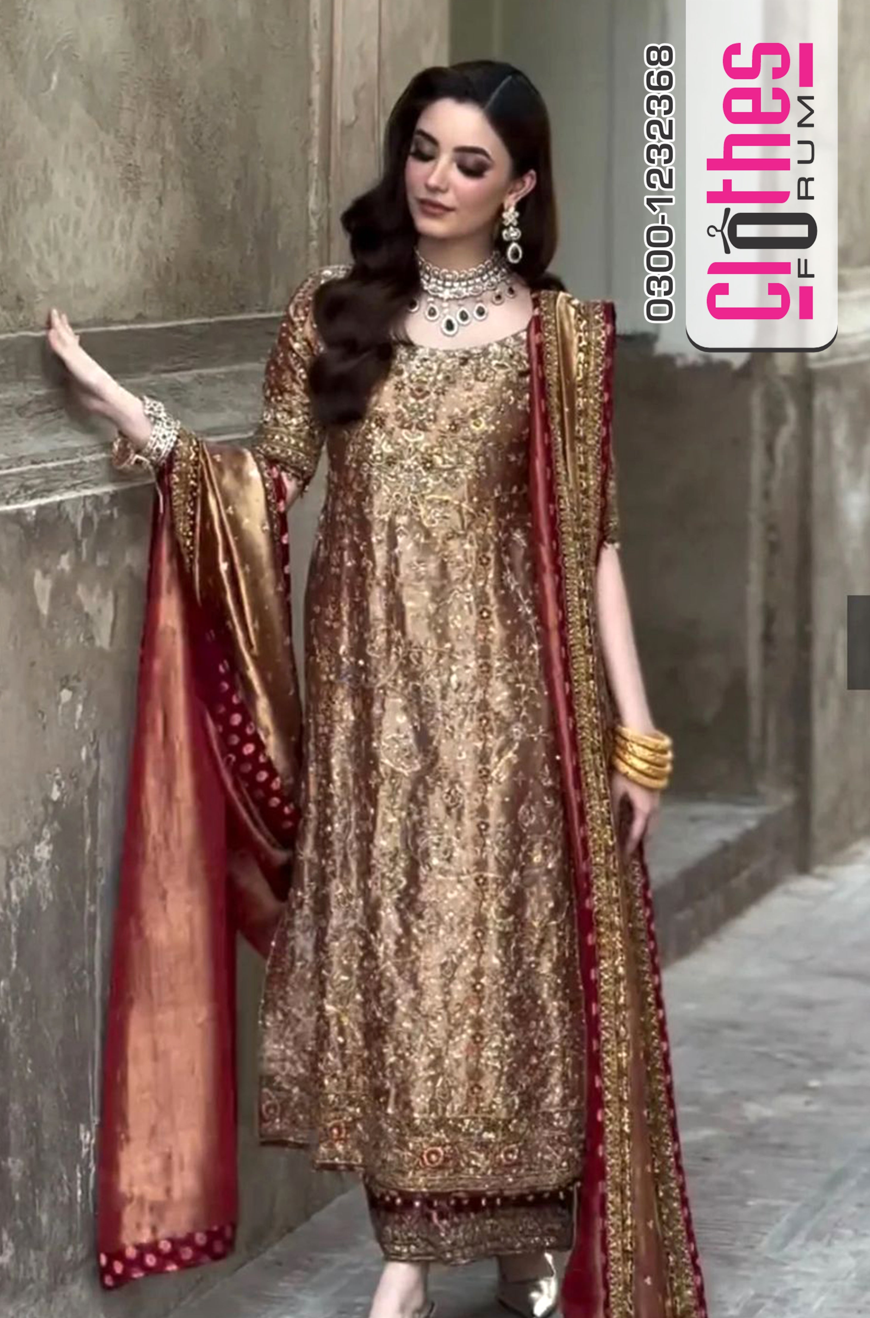 Haris Shakeel Zari Gold Lam Anghraka – Deep Bronze Silk Luxury Ensemble