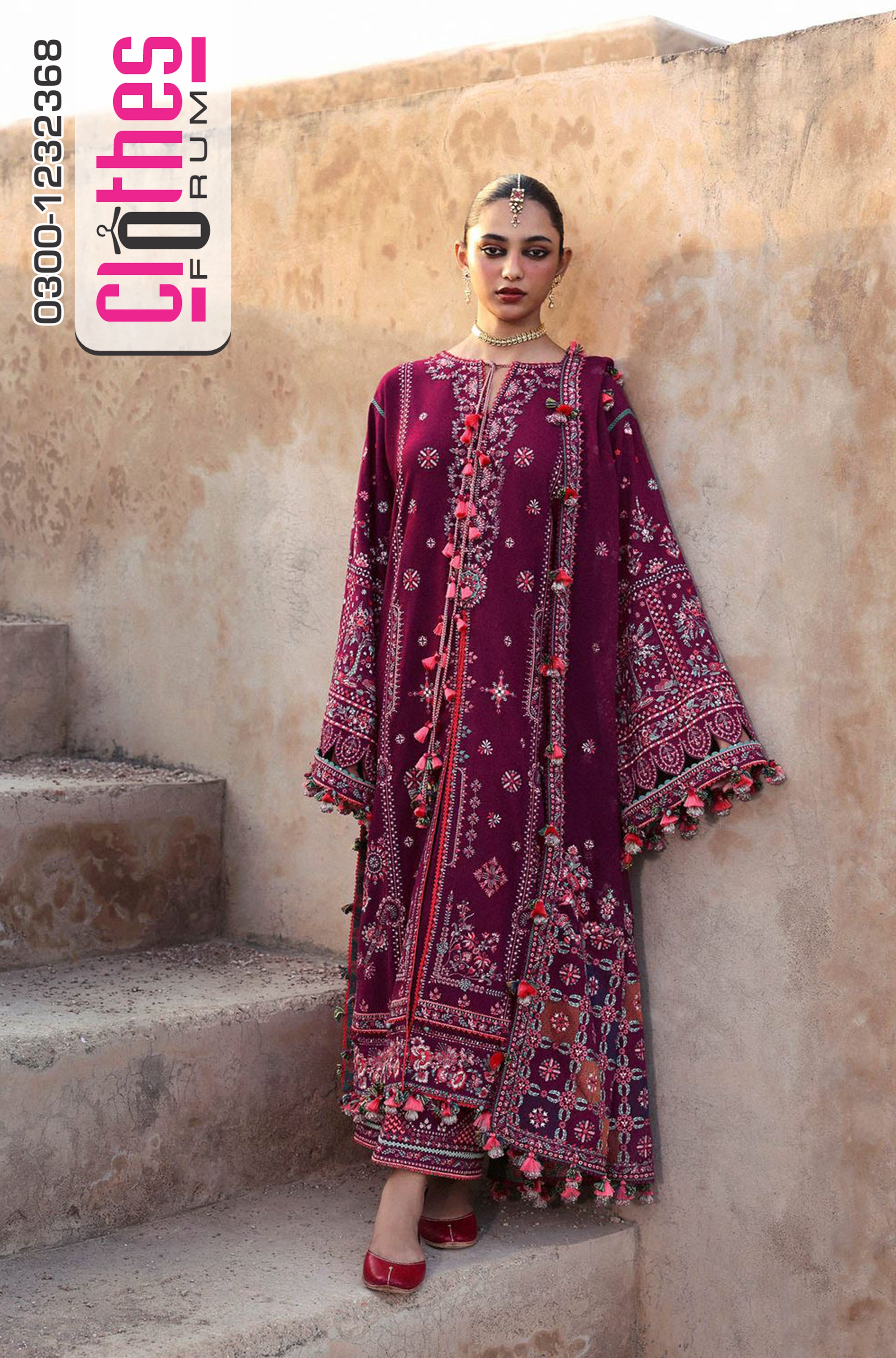 Hussain Rehar Hot Pink Karandi Embroidered Suit with Chiffon Dupatta