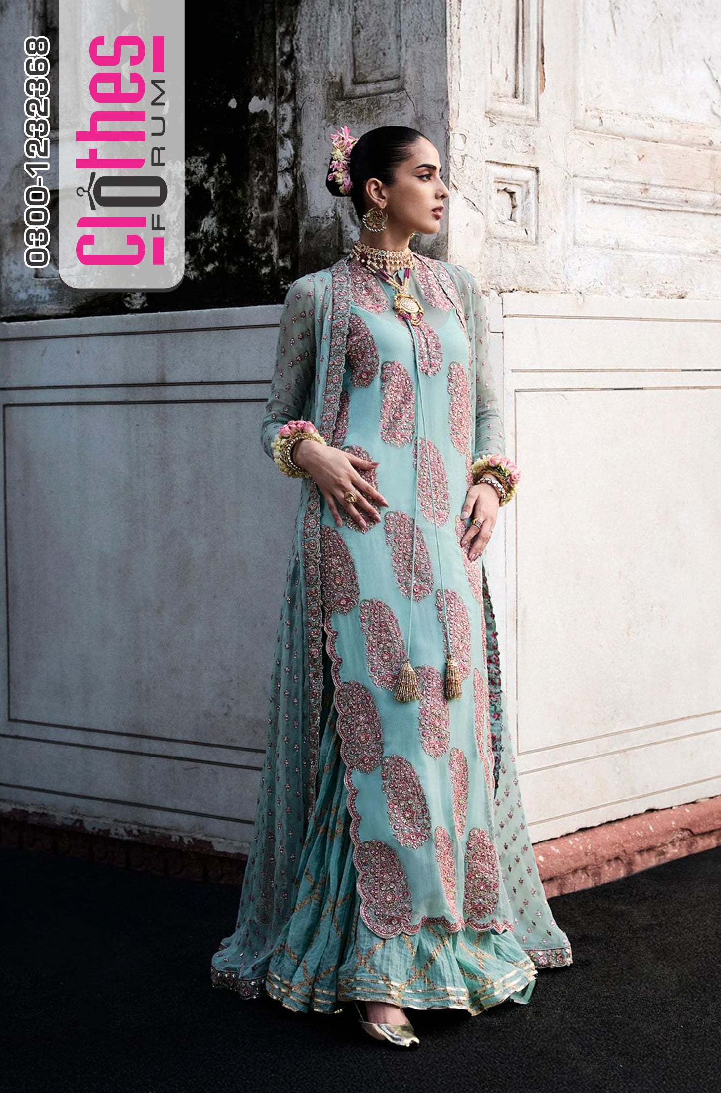 Hussain Rehar Wedding Edition – Aqua Chiffon Bridal Dress | Luxury Embroidered Peshwas Set