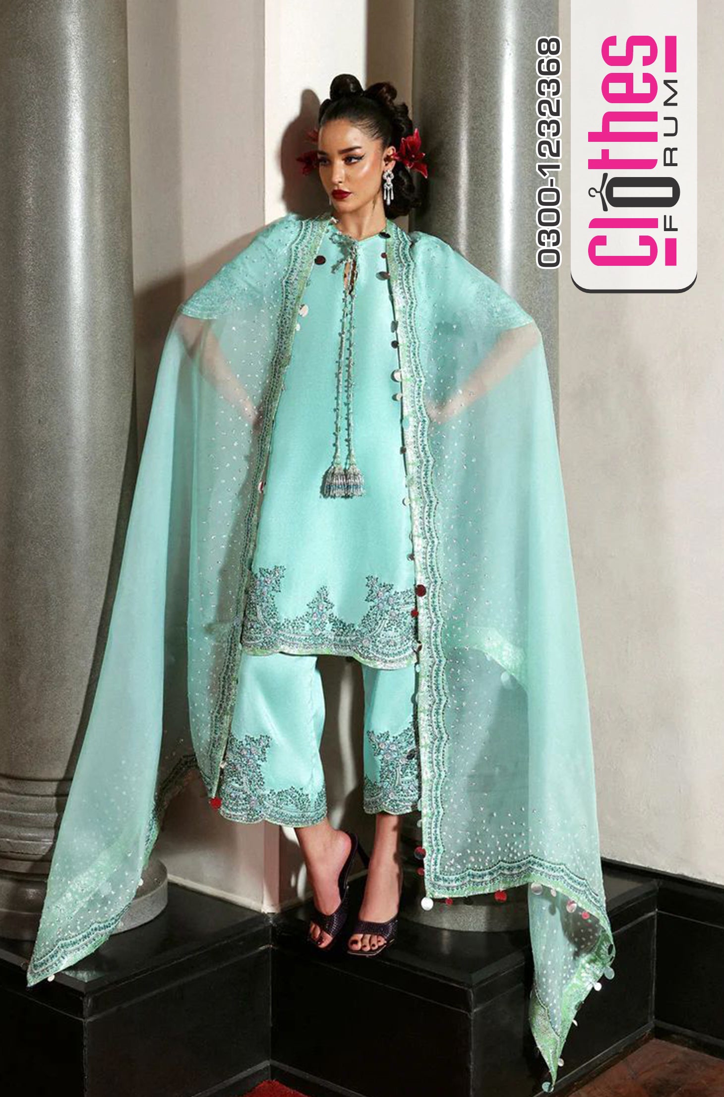 Hussain Rehar Sea Green Chiffon Bridal Suit – Wedding Edition Elegance