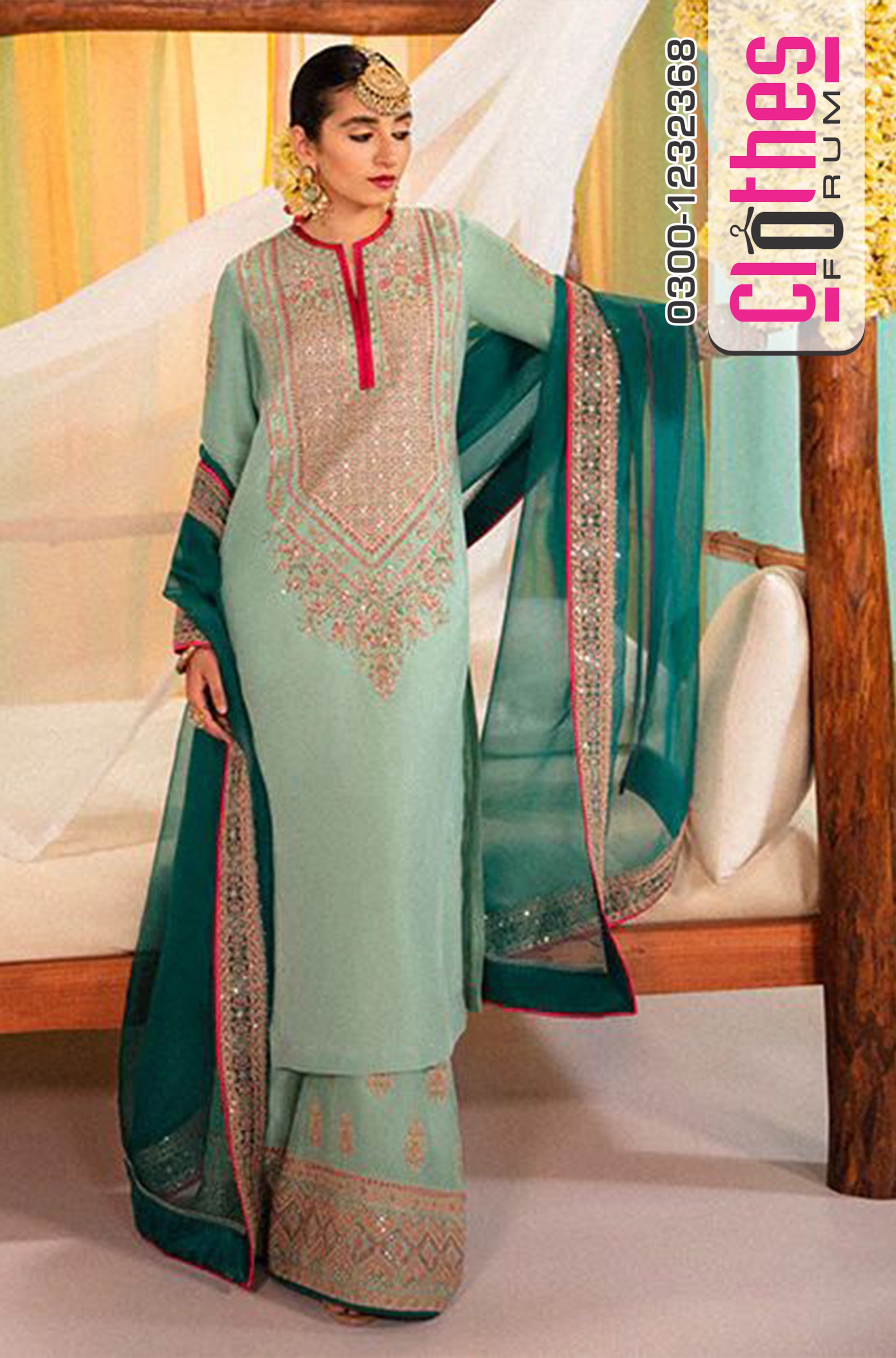 Hussain Rehar Ice Blue Raw Silk Suit | Embellished Pitta Work & Zinc Dupatta