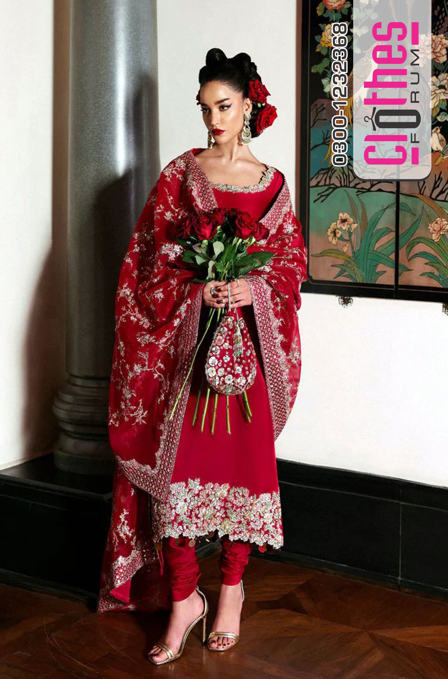 Hussain Rehar Wedding Edition Red Chiffon Bridal Ensemble with Embroidery & Beadwork