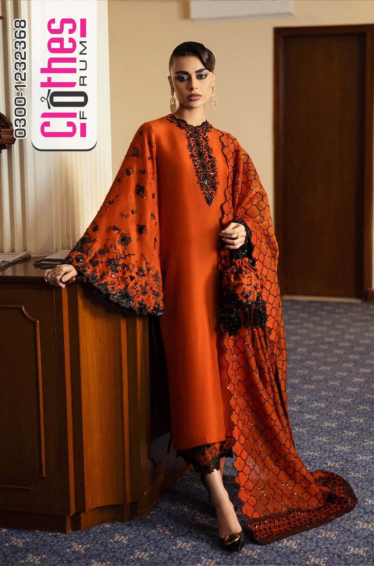 Hussain Rehar Rust Raw Silk Luxury Embroidered Festive Suit