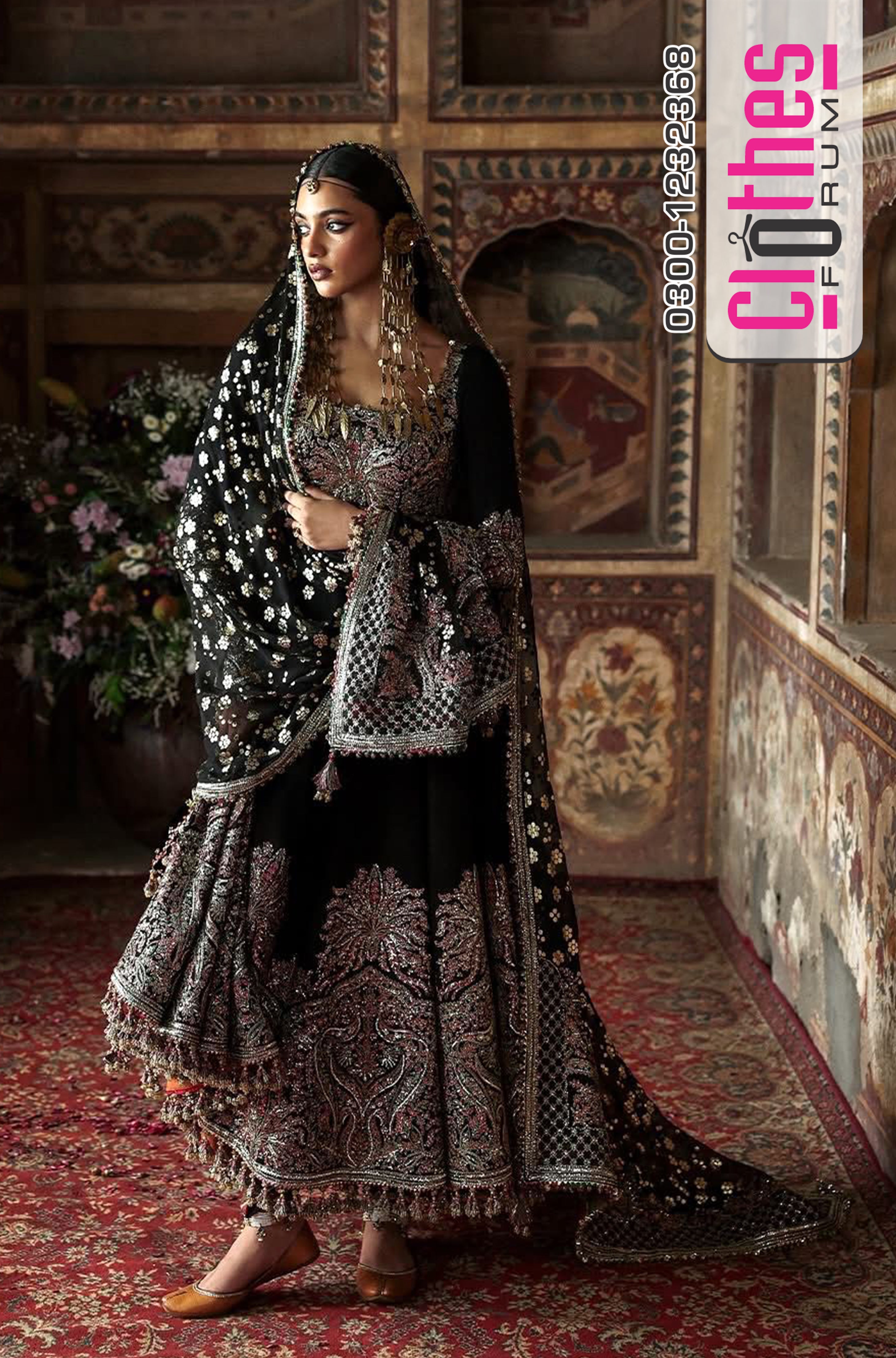 Hussain Rehar Luxury Korean Silk Peshwas – Black Embroidered Festive Ensemble