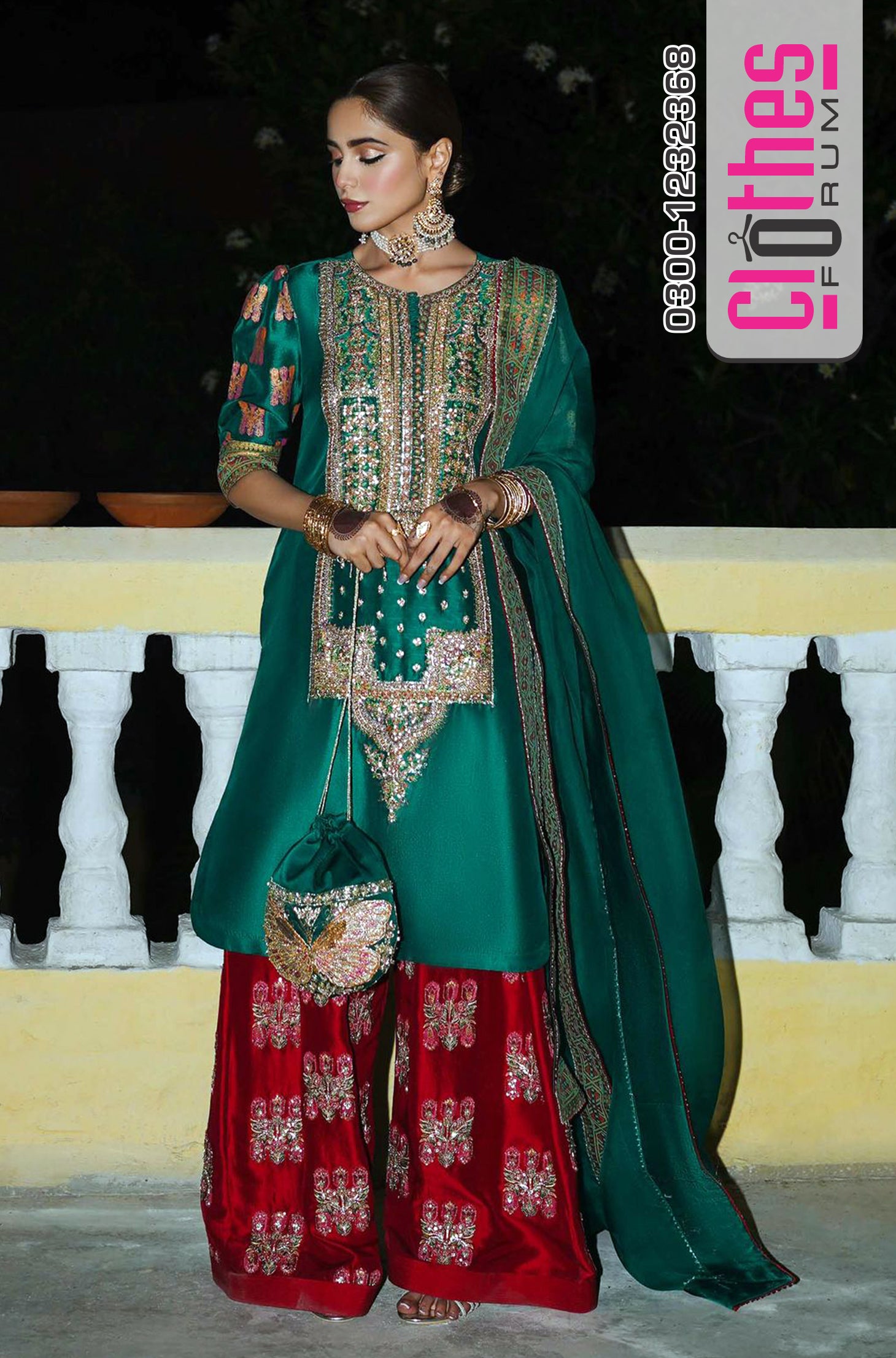 Hussain Rehar Green & Red Chiffon Bridal Wedding Edition clothesforum Hussain Rehar Green & Red Chiffon Bridal Wedding Edition clothesforum