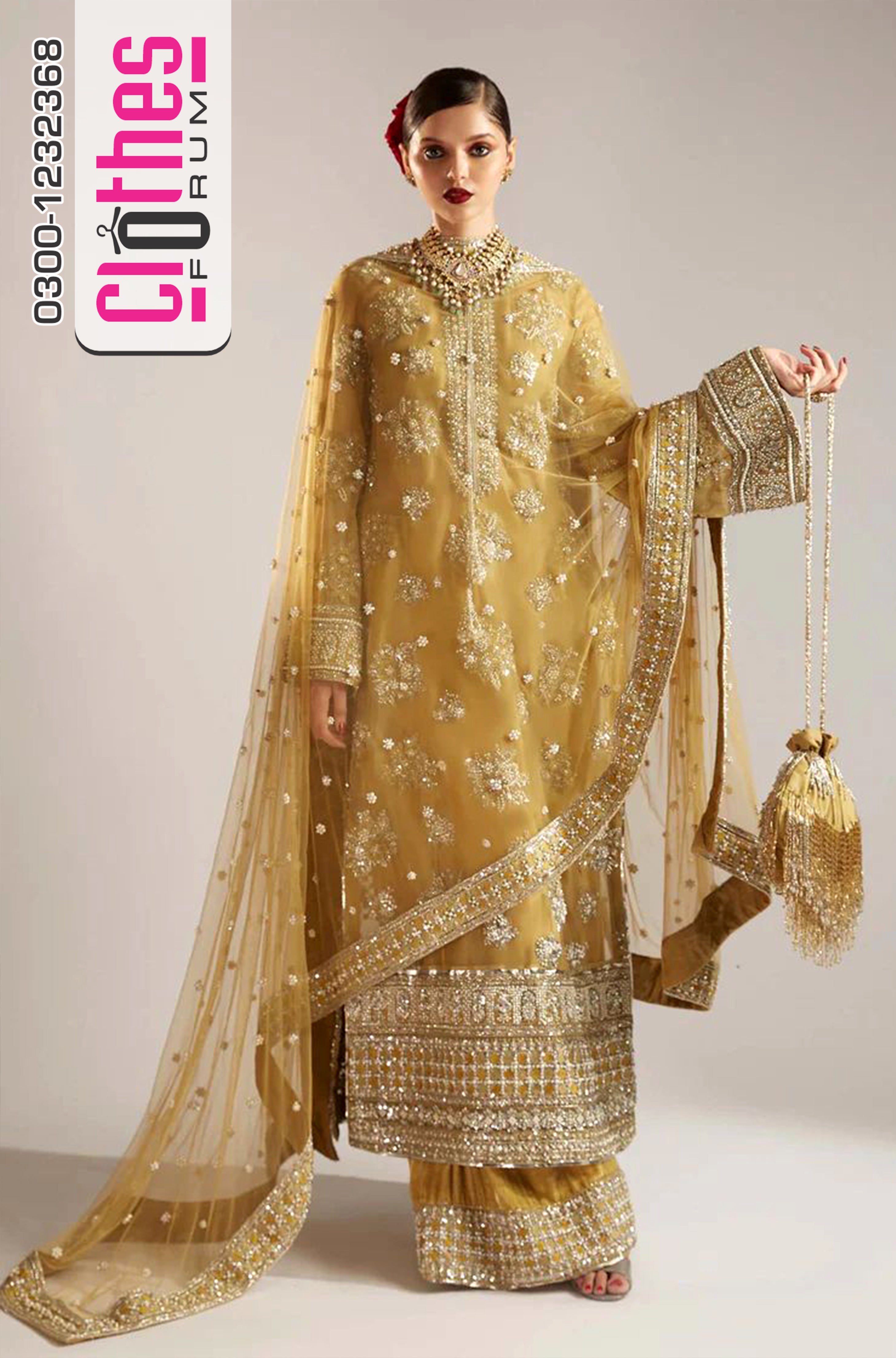 Hussain Rehar Lime Yellow Organza Festive Suit | Heavy Handwork Mehndi Edition