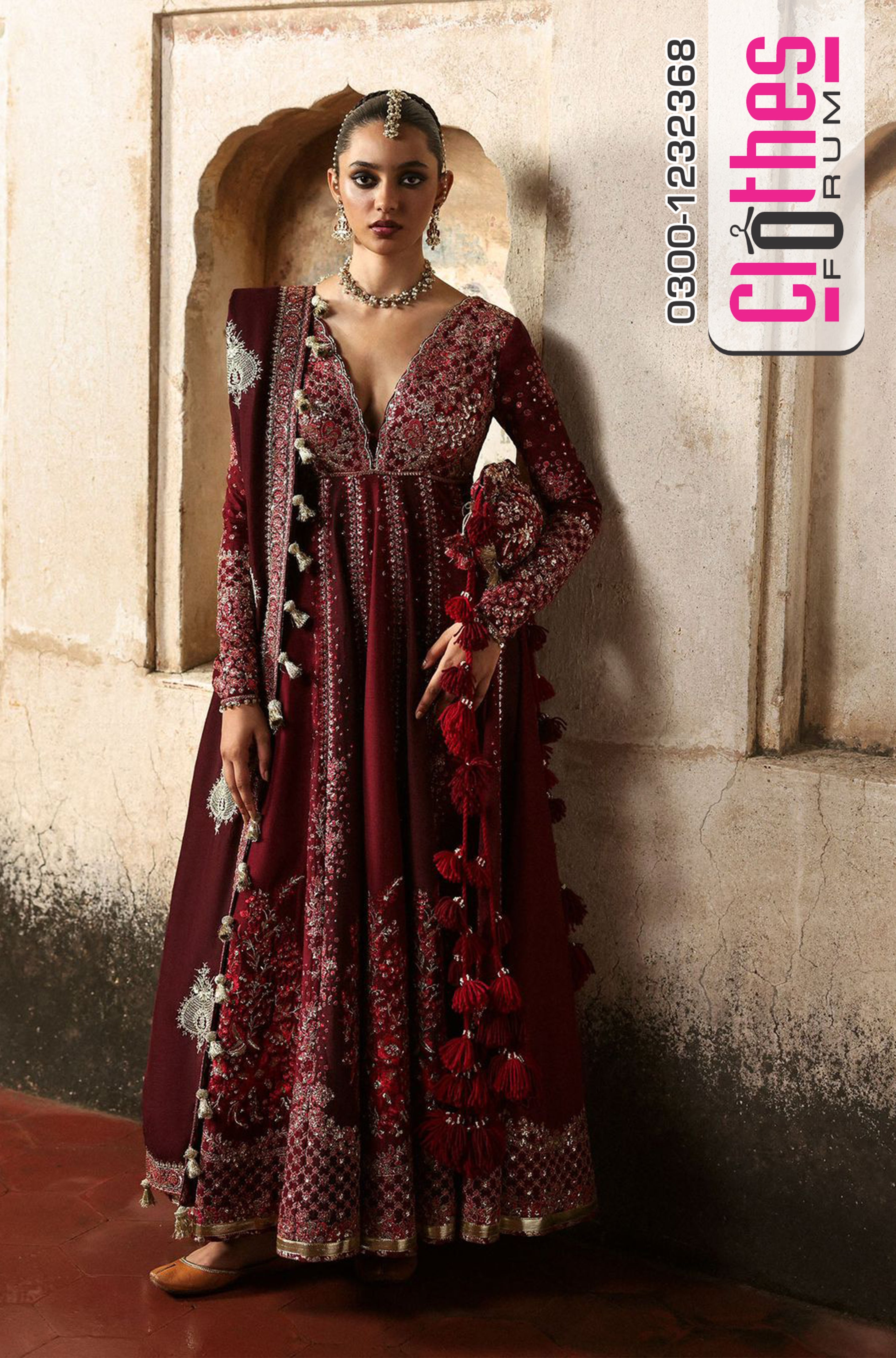 Hussain Rehar Burgundy & Maroon Pishwas | Korean Raw Silk Shawl Set