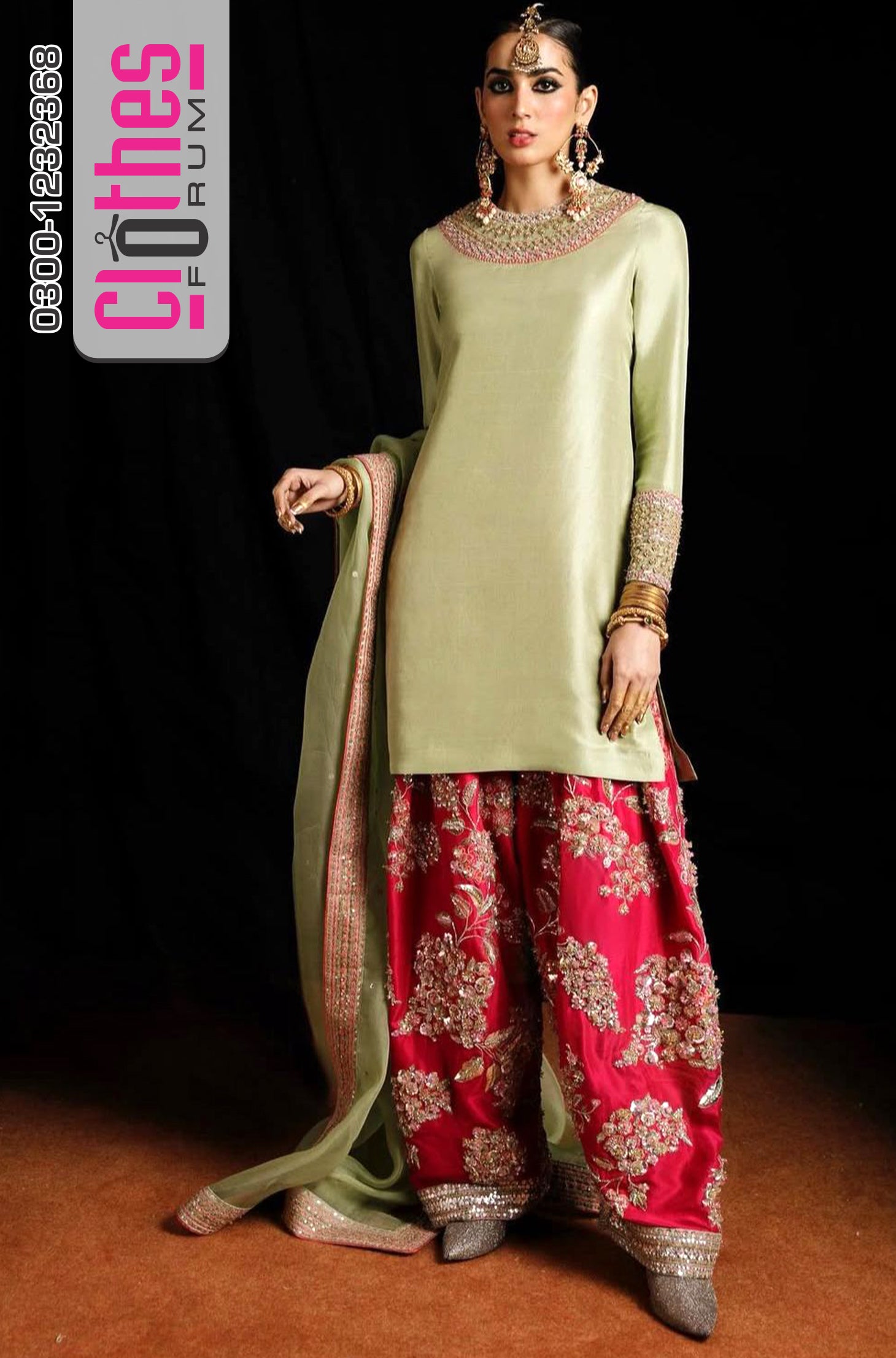 Hussain Rehar Wedding Edition – Pista Green & Red Chiffon Ensemble