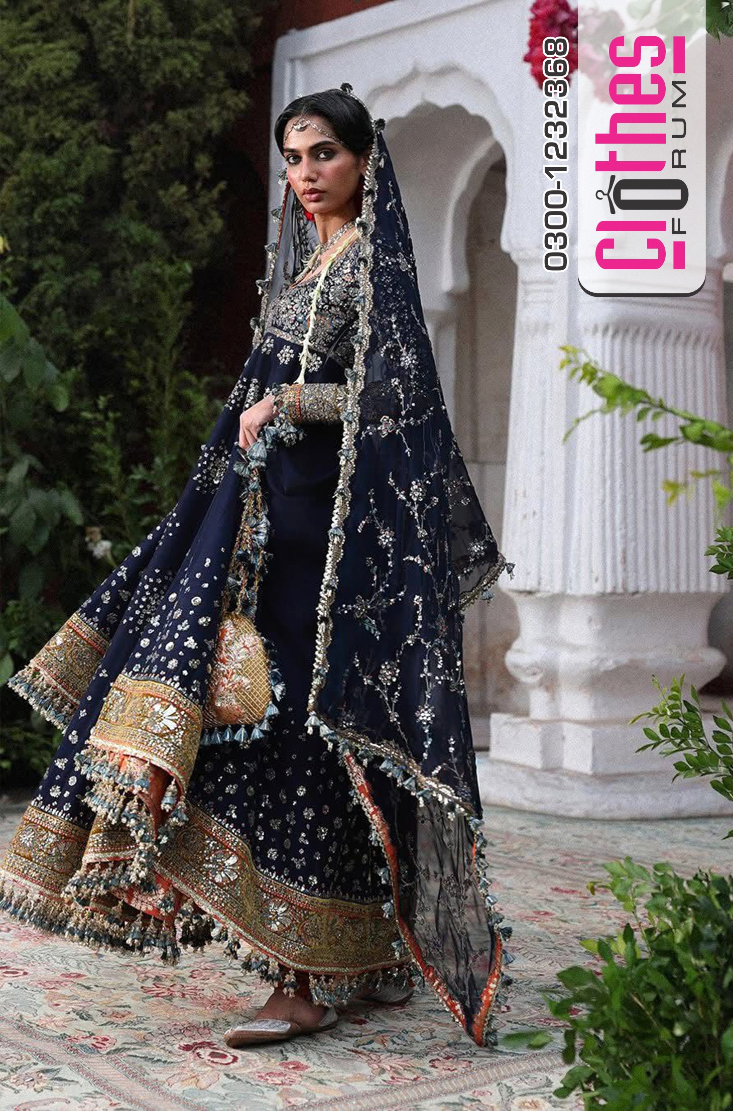 Hussain Rehar Navy Blue Pishwas - Embroidered Silk Wedding Formals