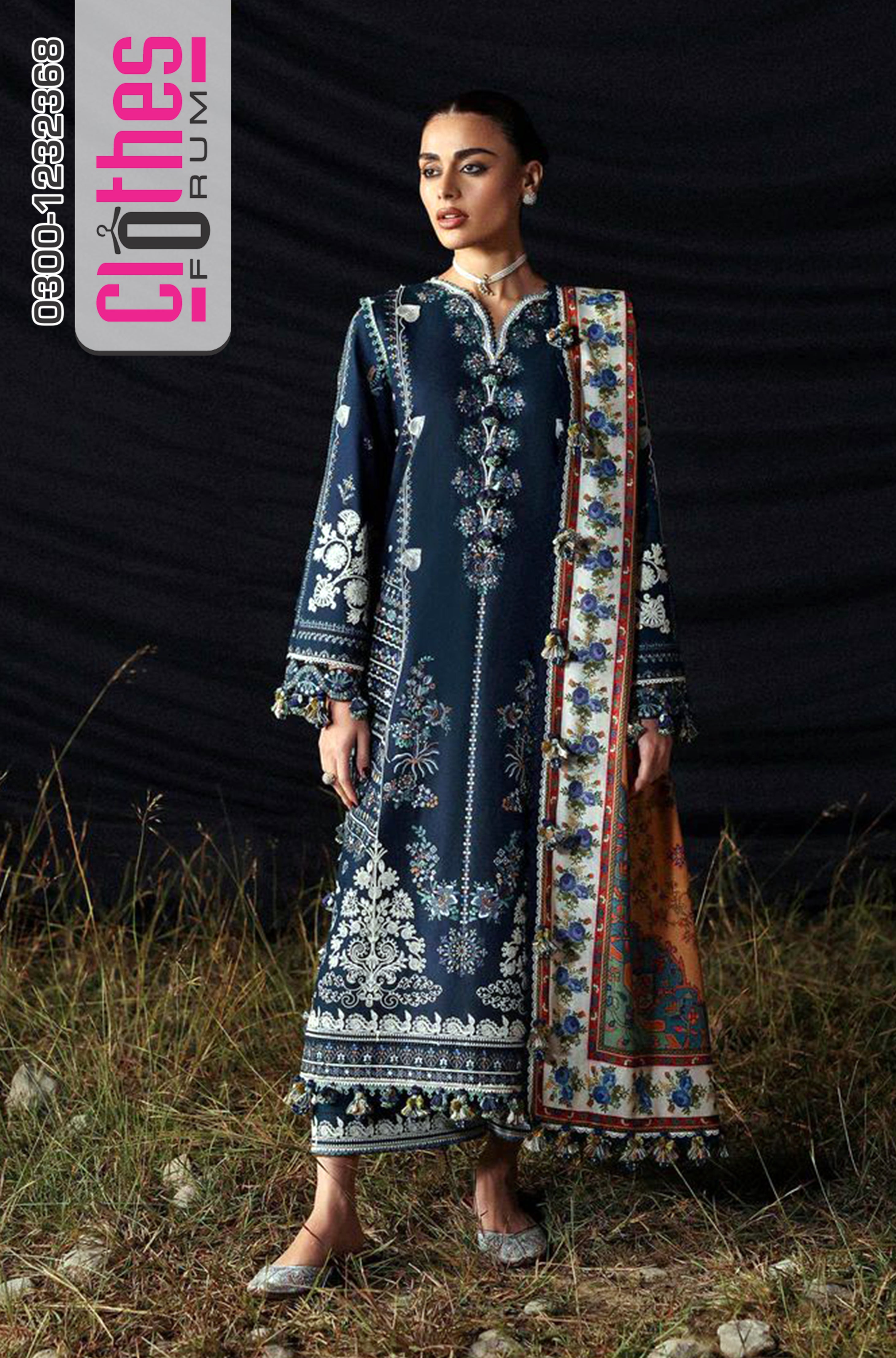 Hussain Rehar Dark Blue Khaddar Winter Suit with Embroidered Panels & Wool Shawl