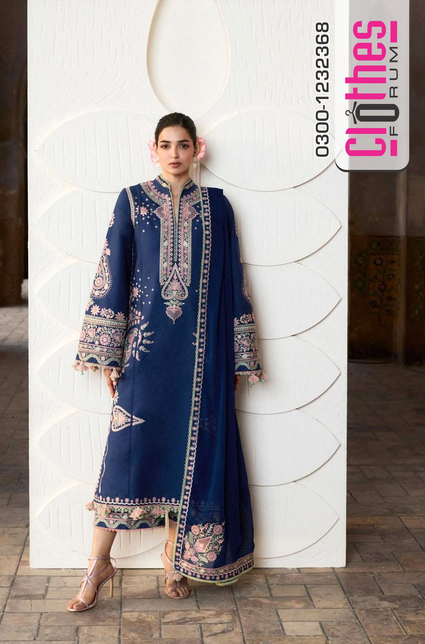 Hussain Rehar Ink Blue Embroidered Luxury Lawn Suit - 3 Piece