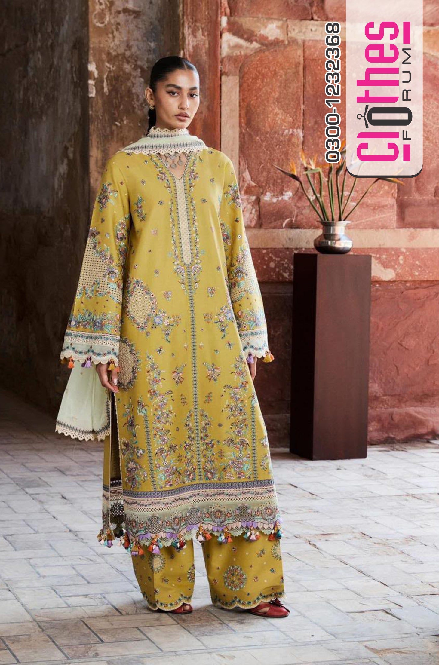 Hussain Rehar Yellow Premium Unstitched Luxury Lawn 3pc Suit
