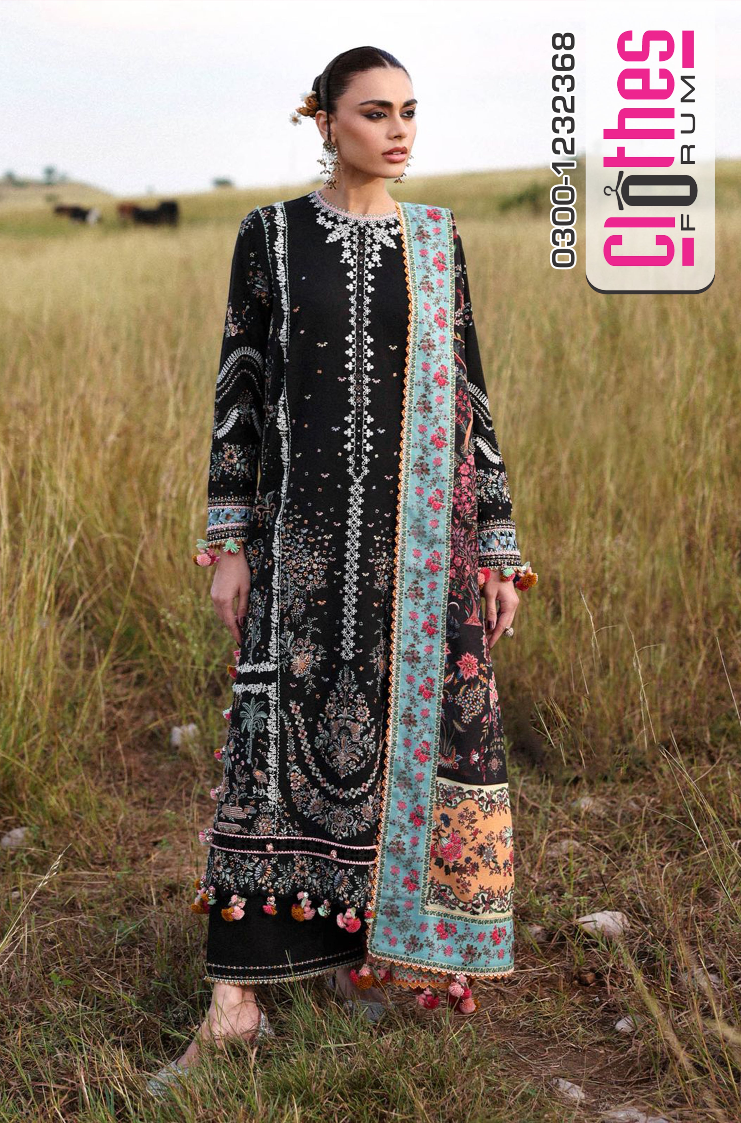 Hussain Rehar Black Winter Khaddar Embroidered 3-Piece Suit