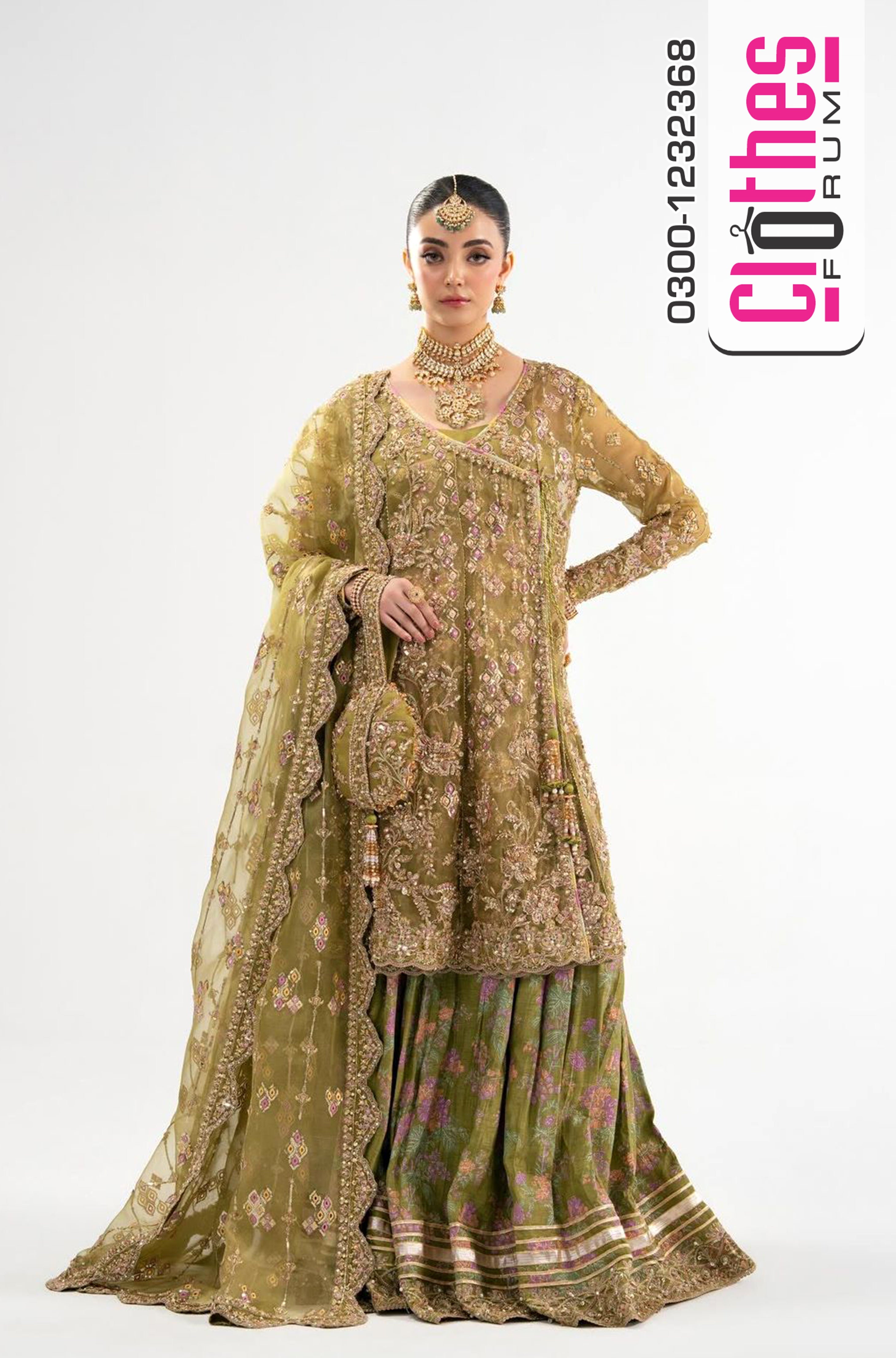 Kanwal Malik Olive Green Angrakha Ensemble | Wedding Wear