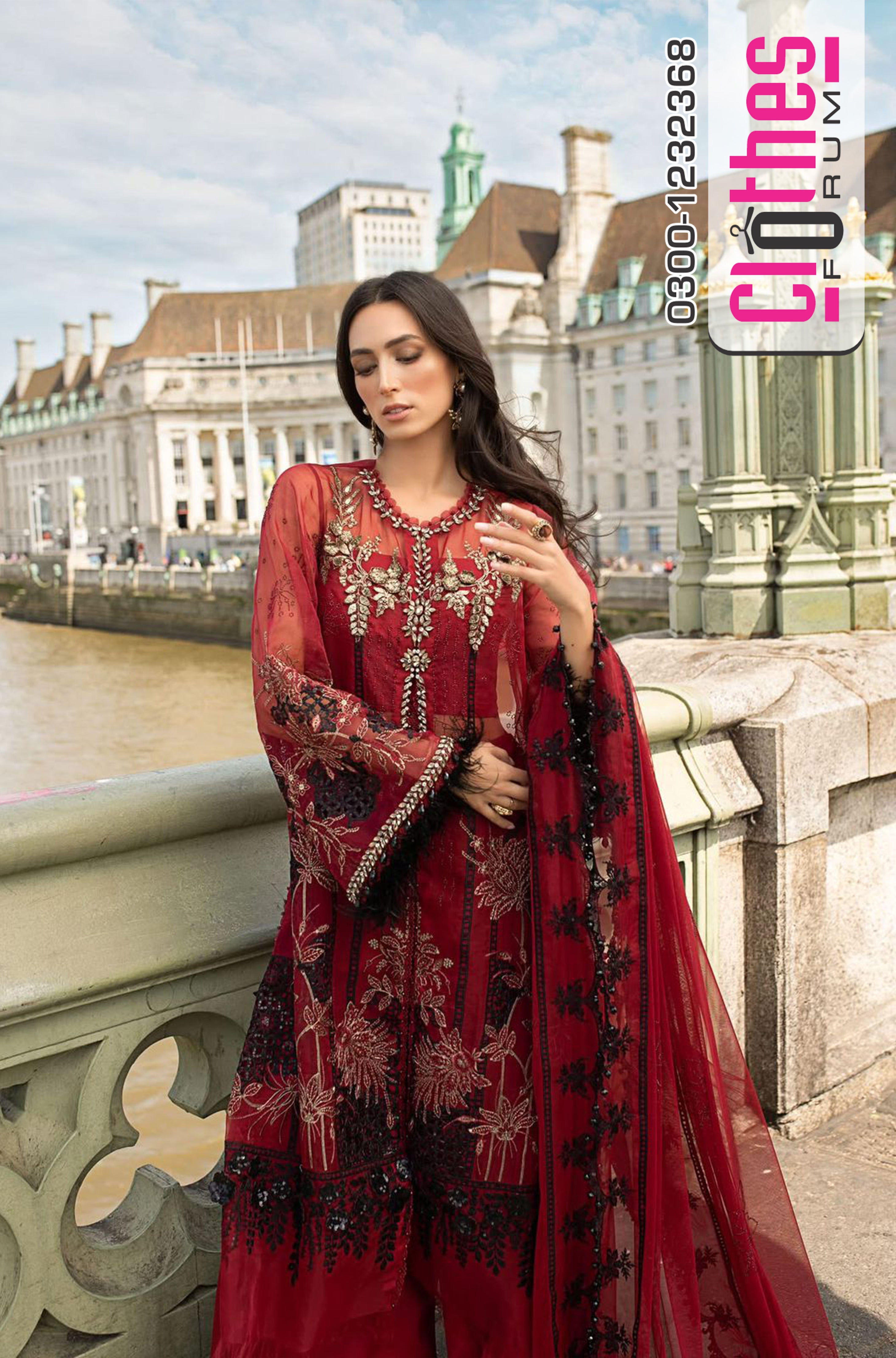 Maria B Blood Red Festive Organza Suit | Hand-Embellished 3D Florals