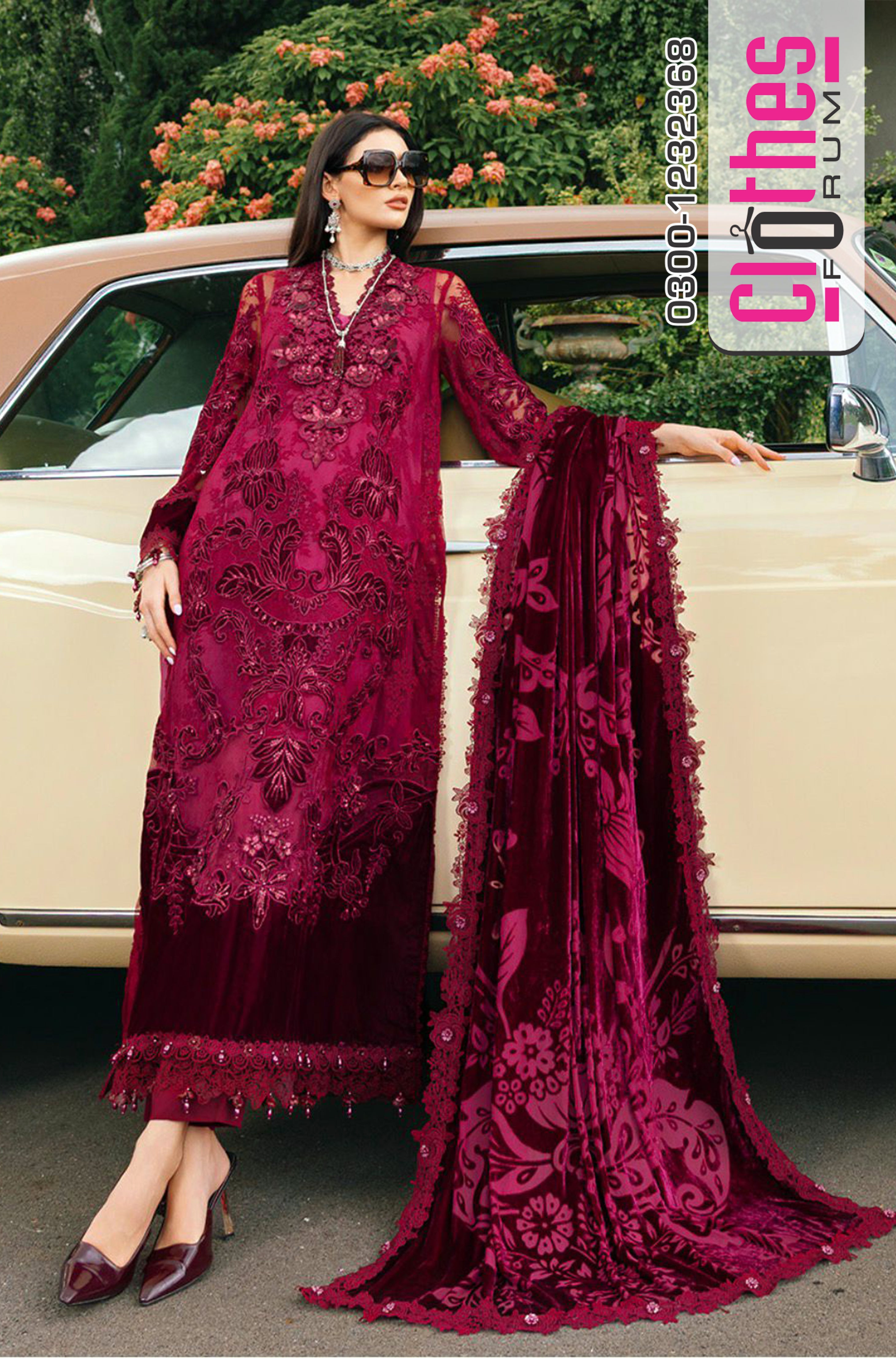 Maria B Winter Luxe Maroon Chantilly & Velvet Suit