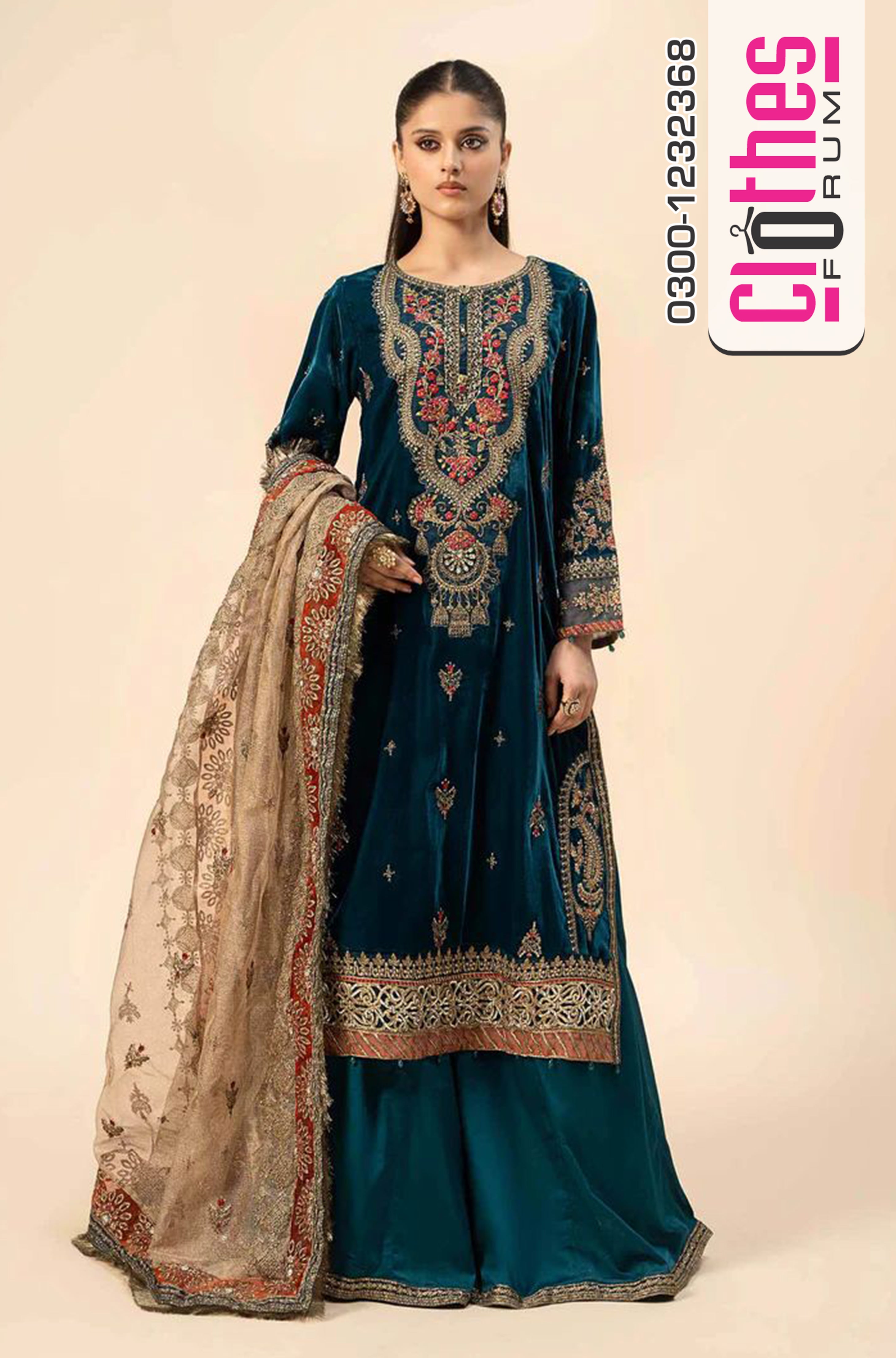 Maria B Velvet Teal Blue Suit | Embroidered Winter Formal