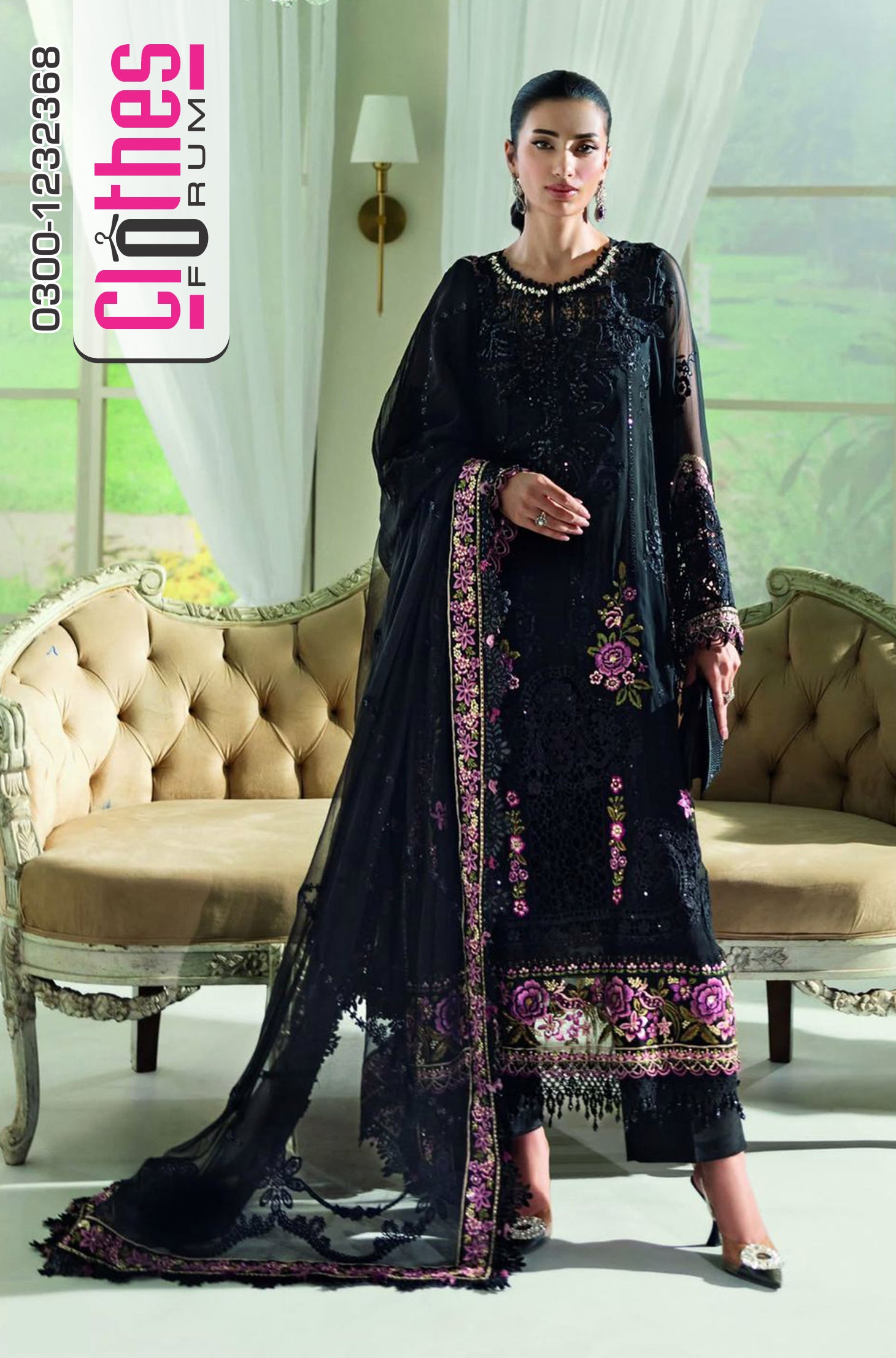 Maria B Black Chiffon Wedding Edition – Embroidered Shirt, Dupatta & Trousers