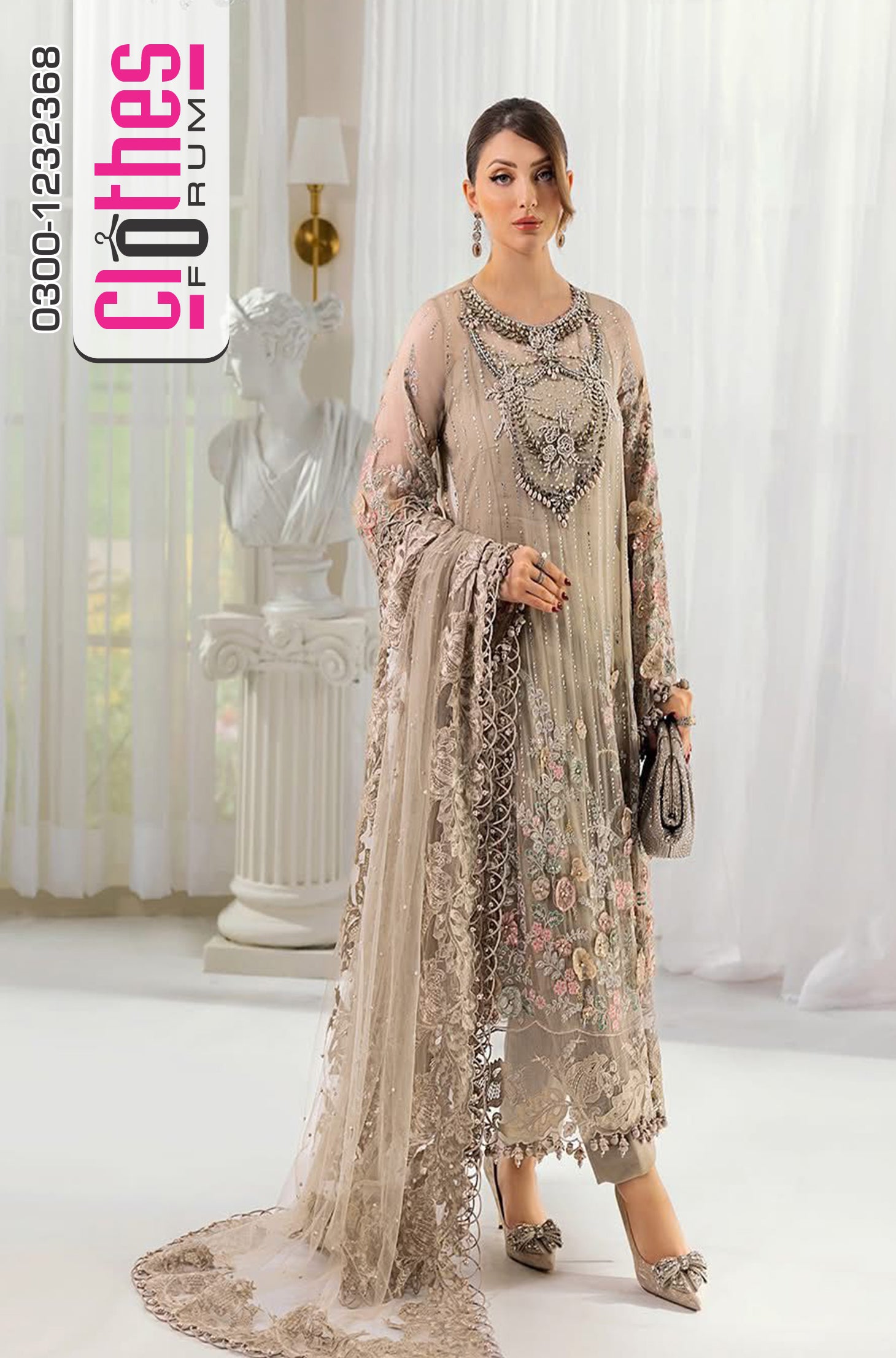 Maria.B Luxury Coffee Chiffon Formal – 3D Embroidered & Hand Embellished Ensemble