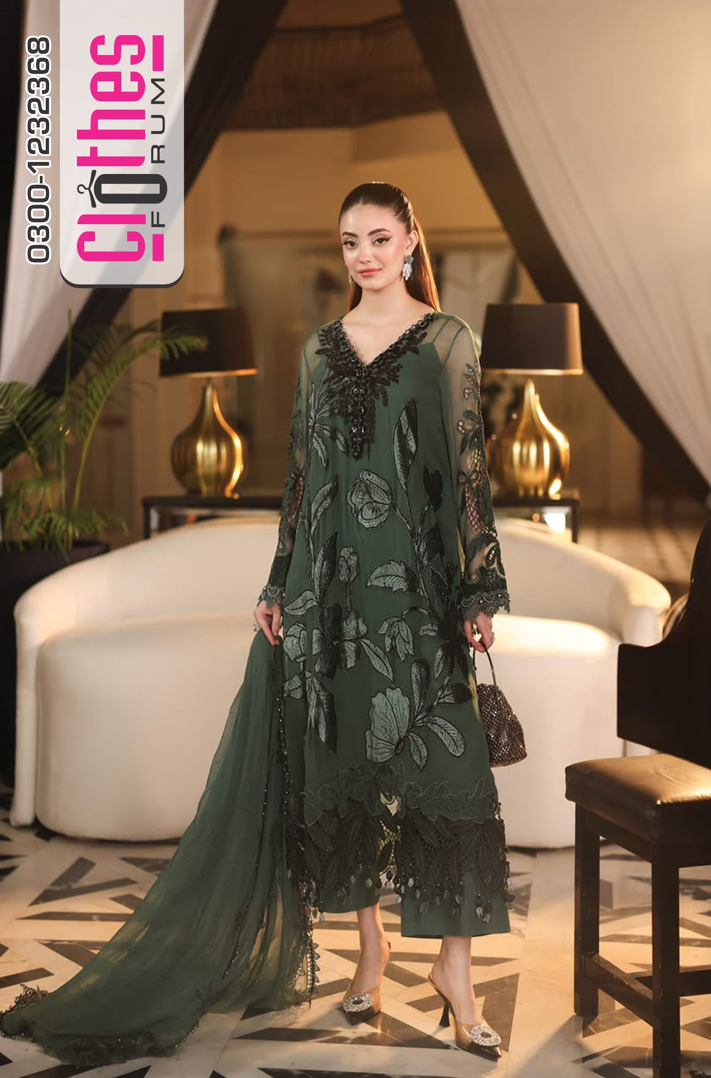 Maria B Luxury Emerald Green Velvet Appliqué Chiffon Suit