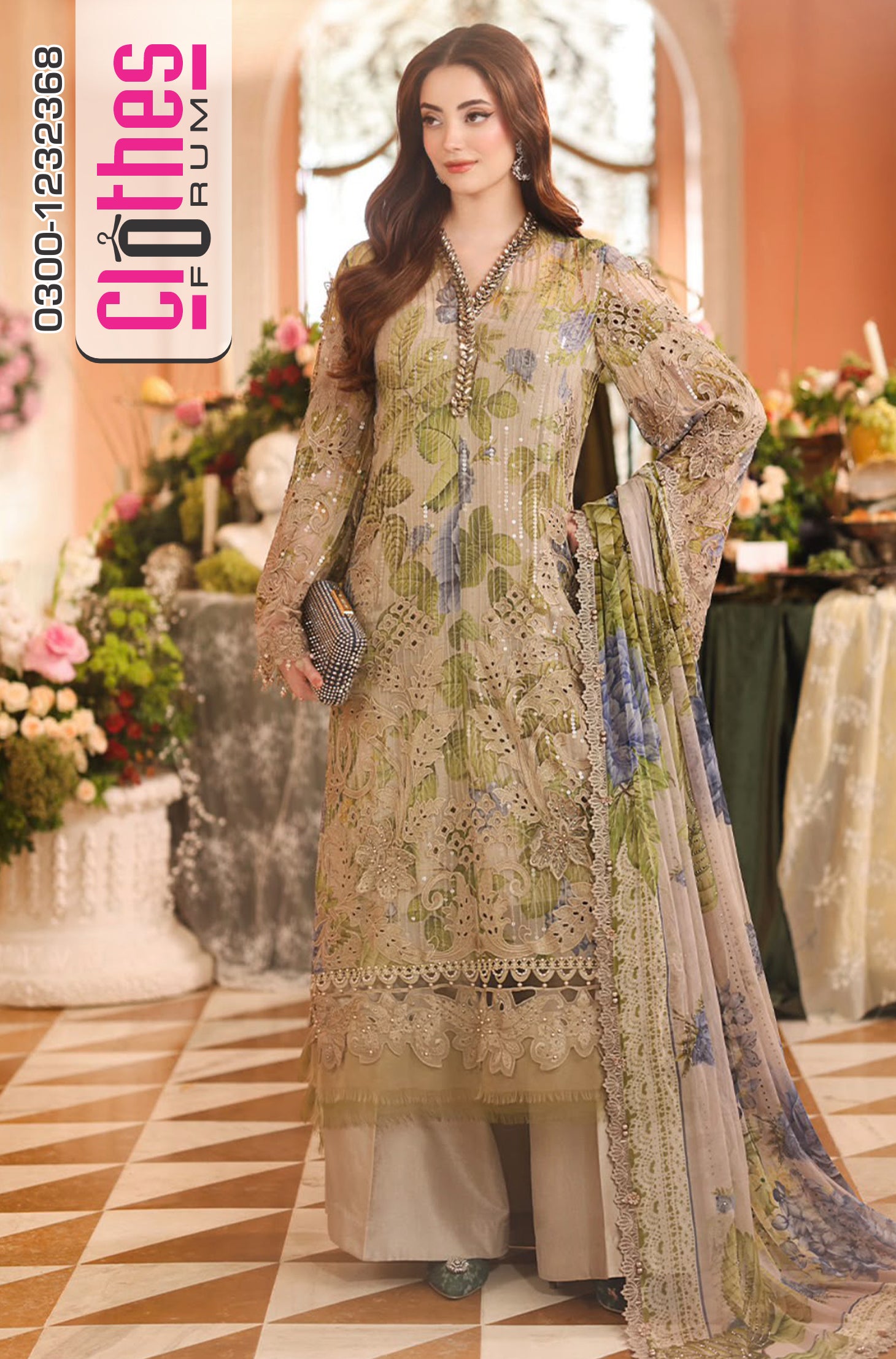 Maria B Coffee Printed Chiffon Luxury Formal Suit