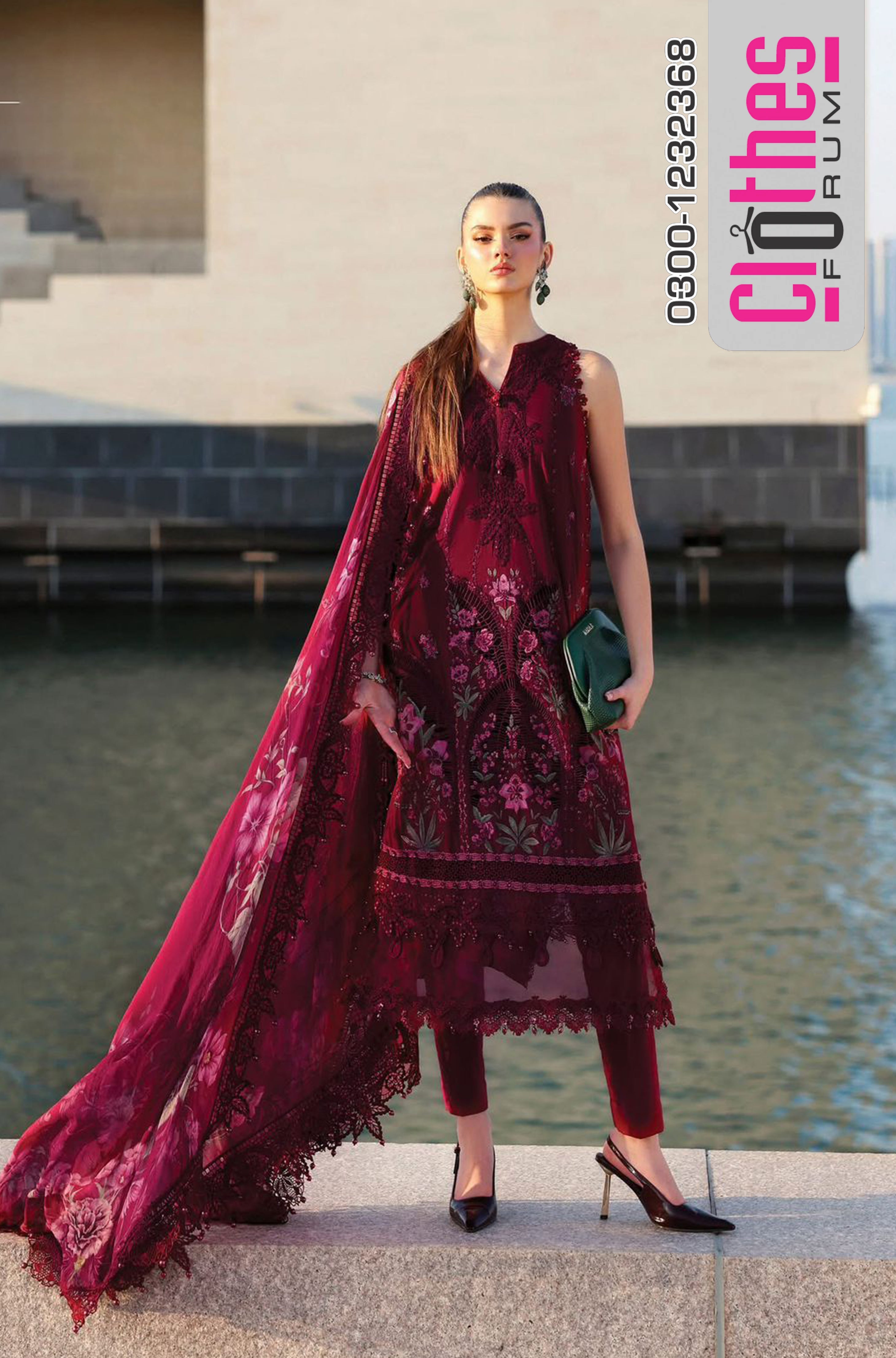 Maria B Luxury Maroon Lawn 2026 | Embroidered Chiffon Dupatta Suit