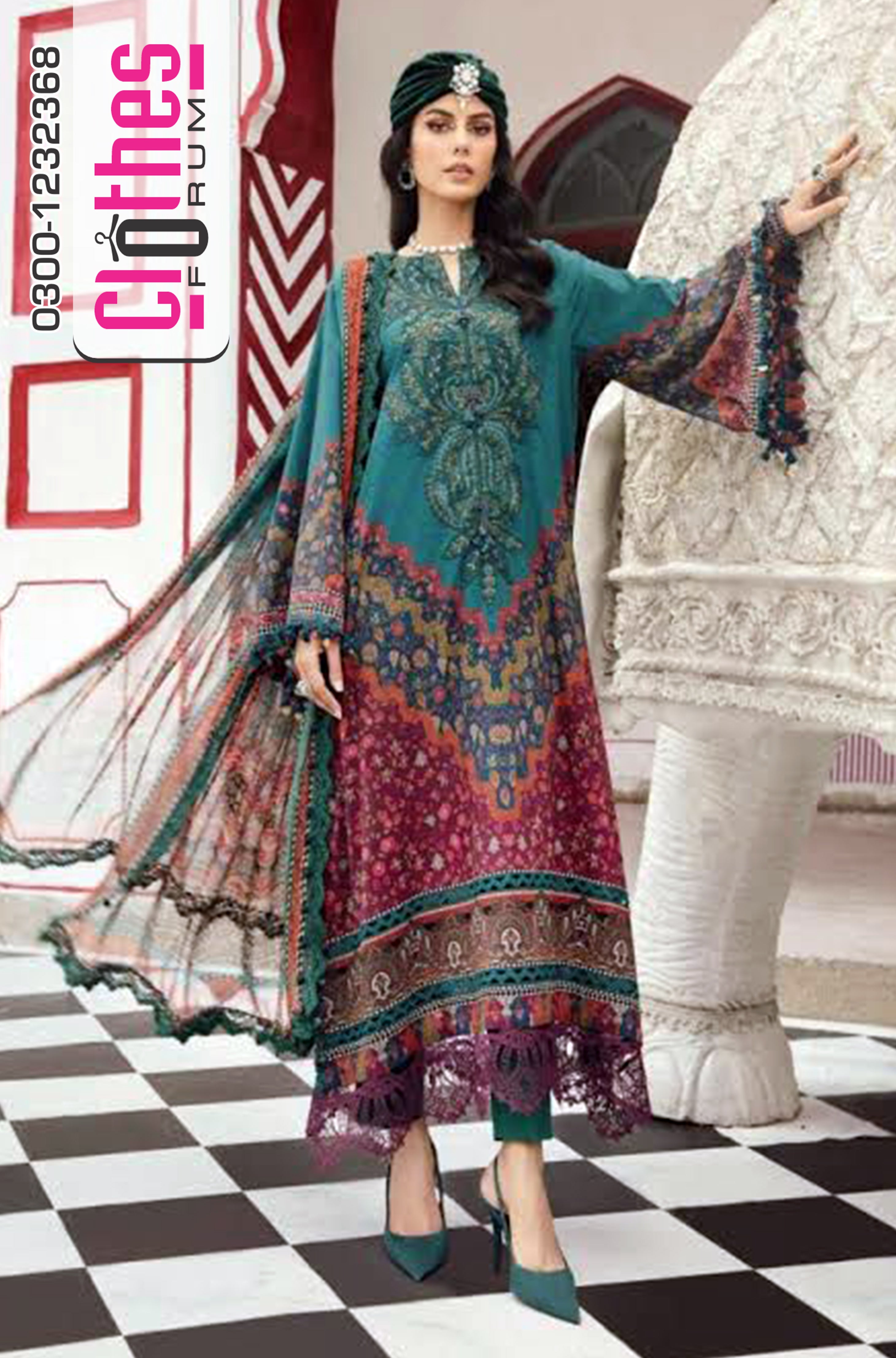 Maria B Rani Mahal M Prints 25 – Teal Green Embroidered Cambric 3-Piece Winter Collection