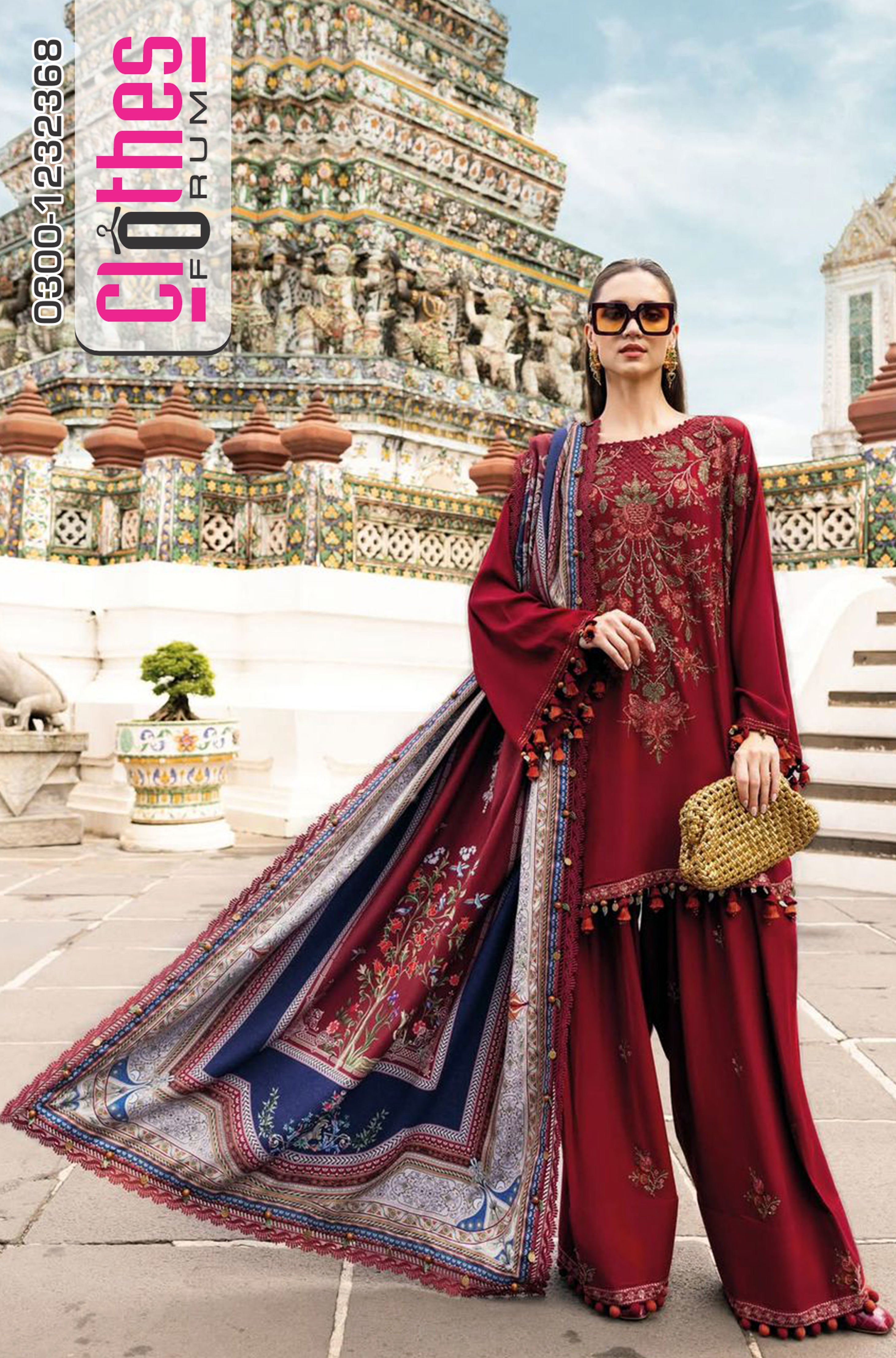 Maria B Mprint Red Twill Linen Suit | Embroidered Winter Suit with Wool Shawl