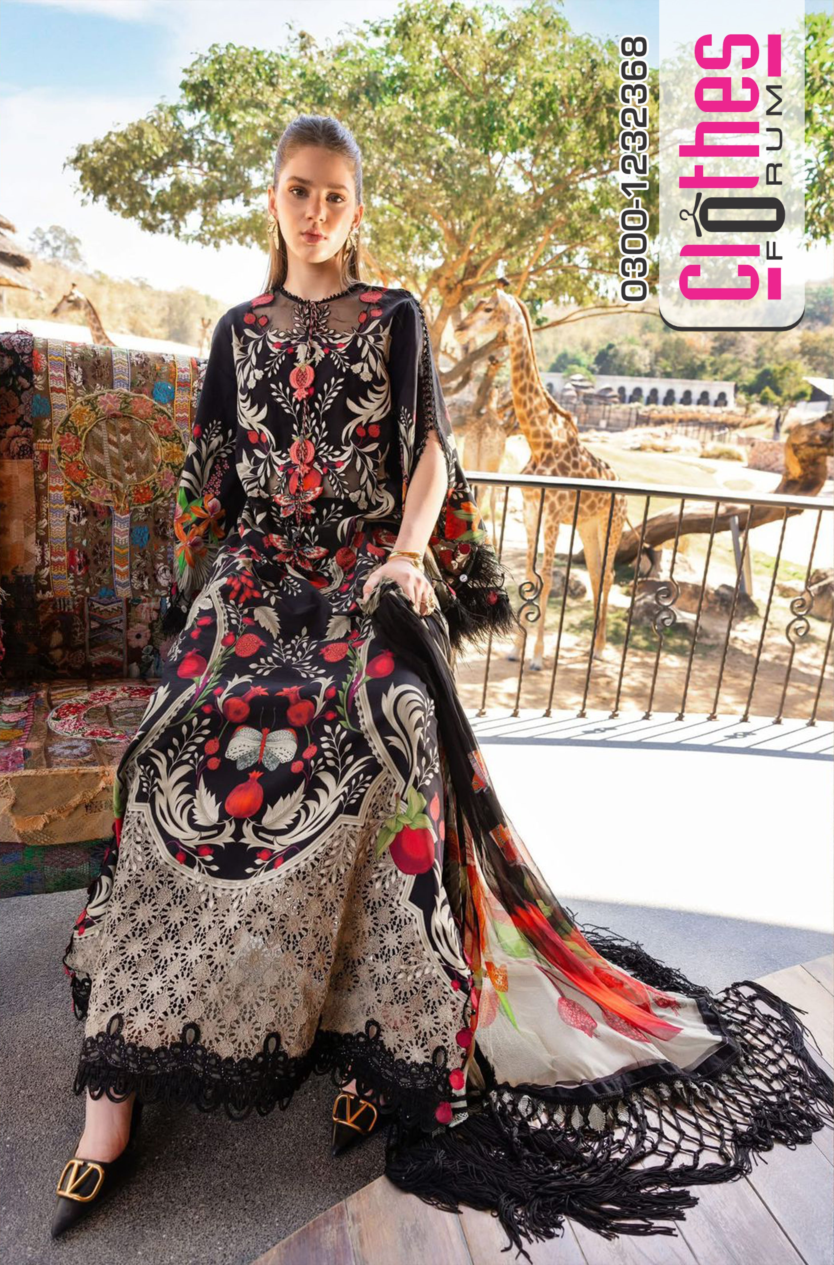 Maria B M-Prints Black Summer Lawn | Embroidered Ghera & Chiffon Dupatta