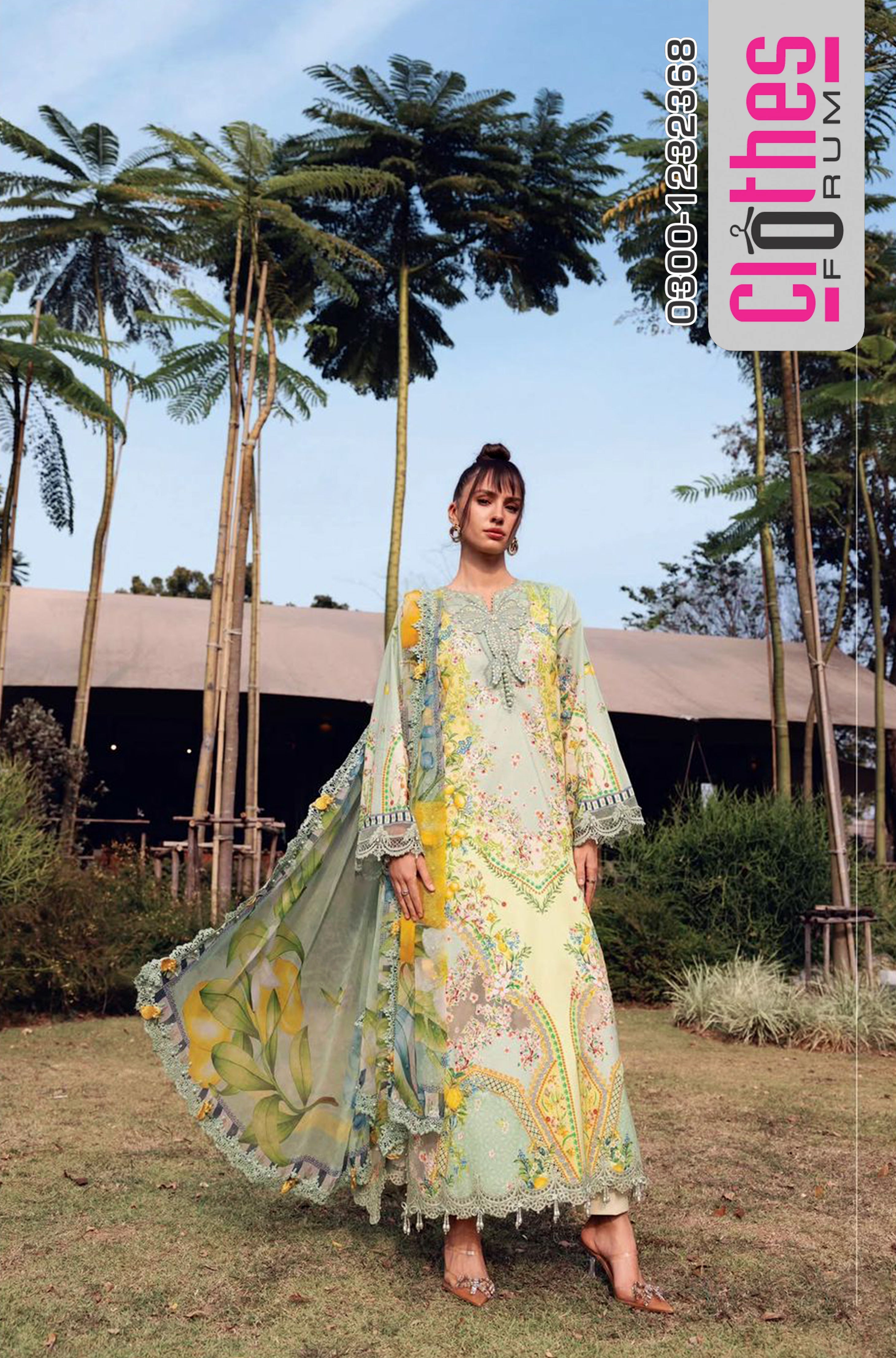 Maria.B Pistachio Green Luxury Lawn 2026 | Embroidered 3D Motif Design