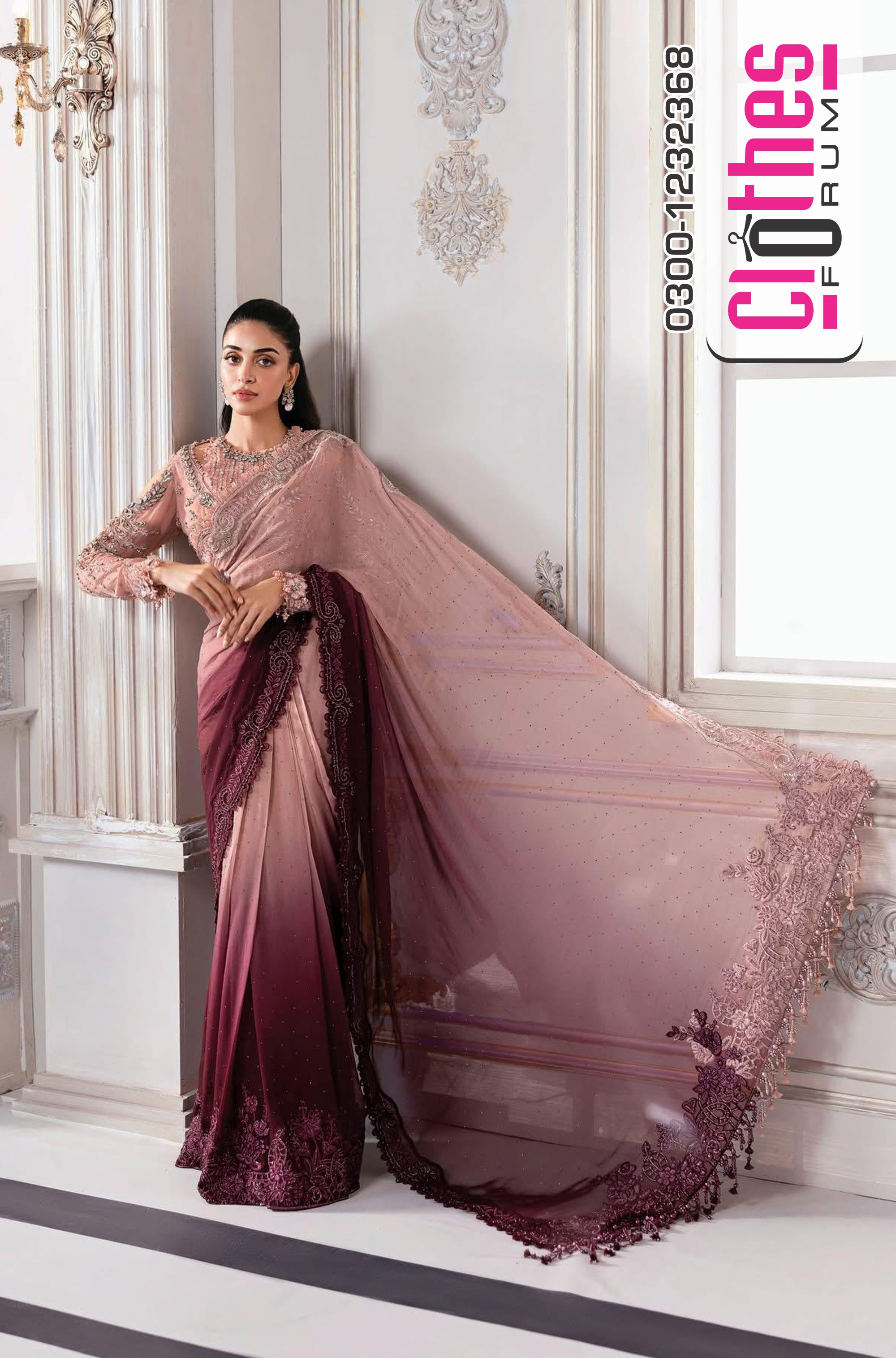Maria B Embroidered Luxe Chiffon Saree – Majestic Mauve Wedding & Eid Edition 2025