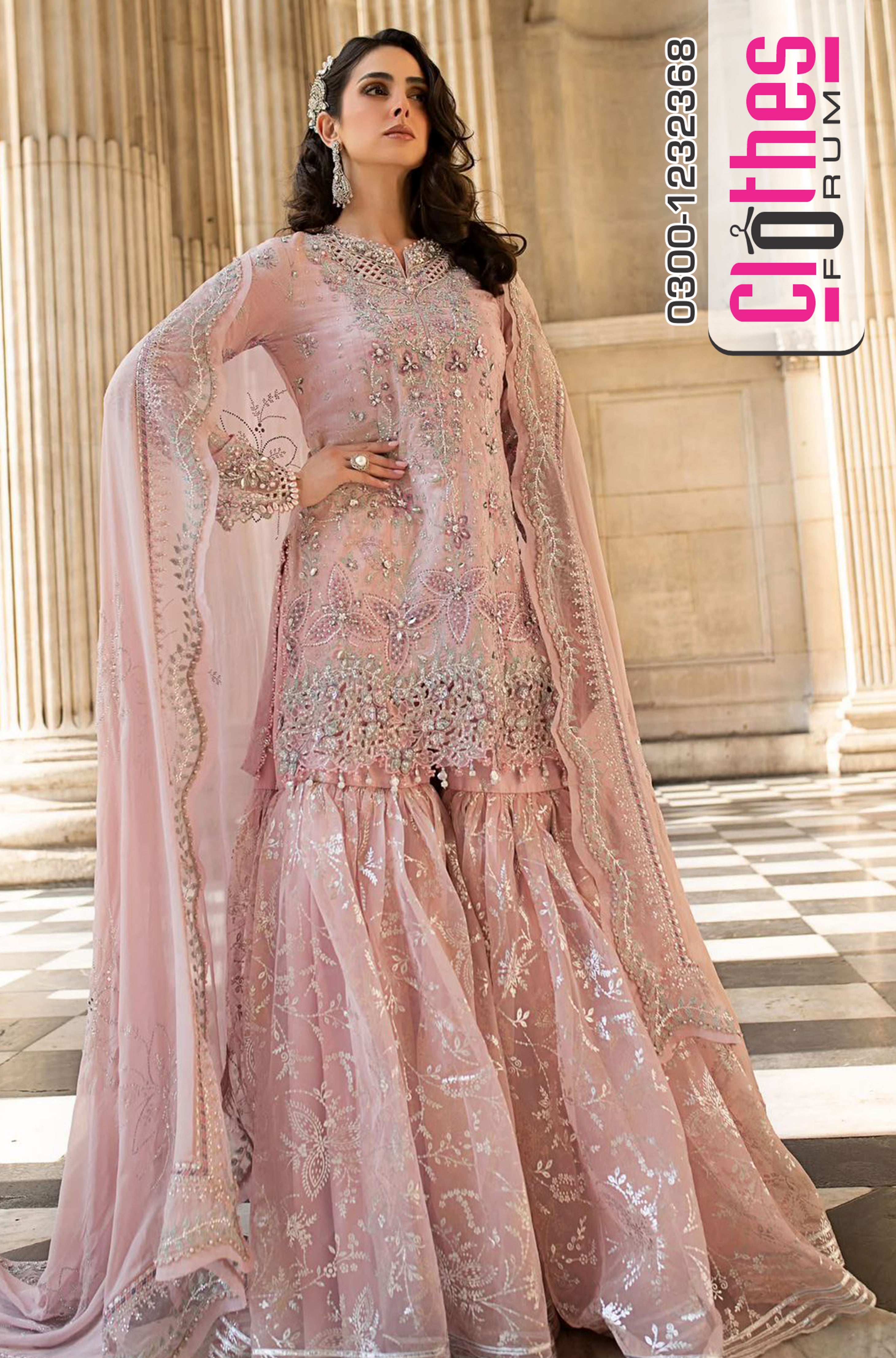 Maria B Wedding Nude Pink Gharara Suit | Hand Embellished Raw Silk