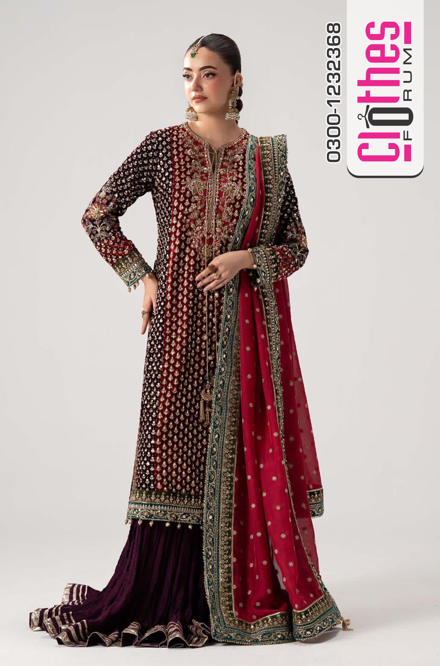 Maria B Fuchsia Pink & Plum Velvet Embroidered Luxury Wedding Sharara Suit