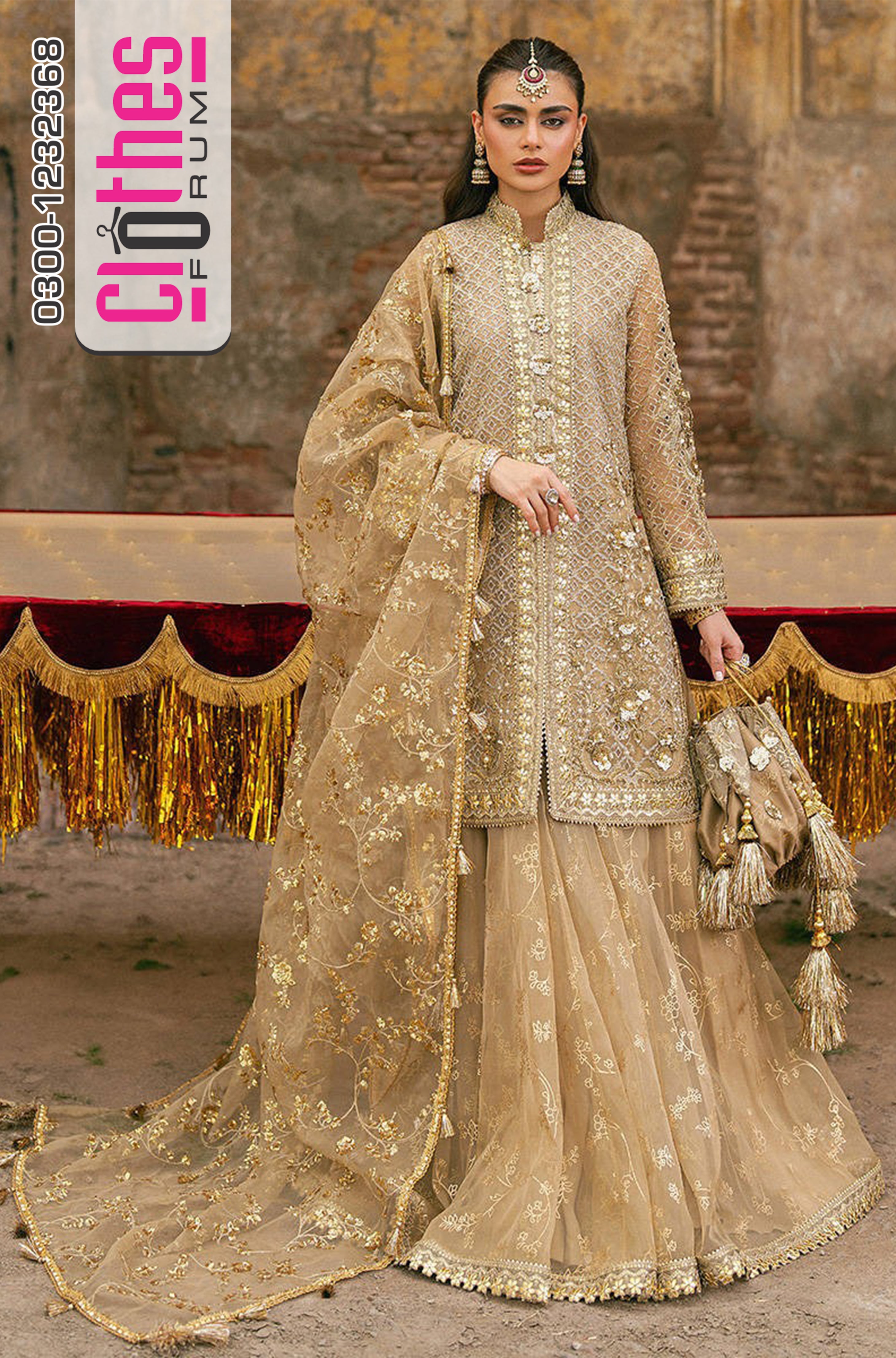 Mohsin Naveed Ranjha Gold Organza Jacket | 3D Floral Embroidered Sharara