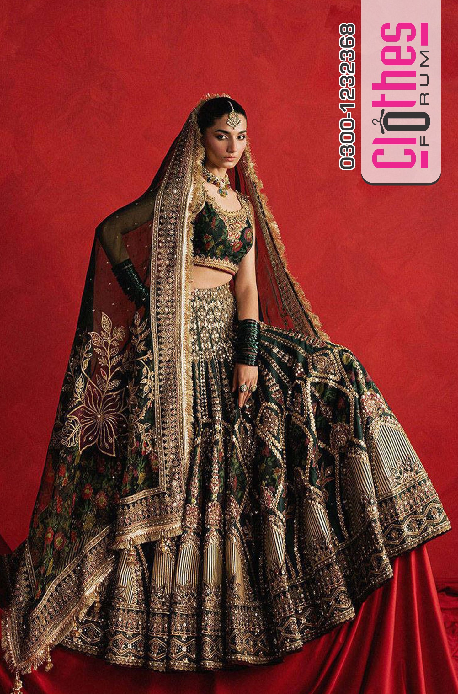 Mohsin Naveed Ranjha – Dark Green Bridal Silk Lehenga Choli