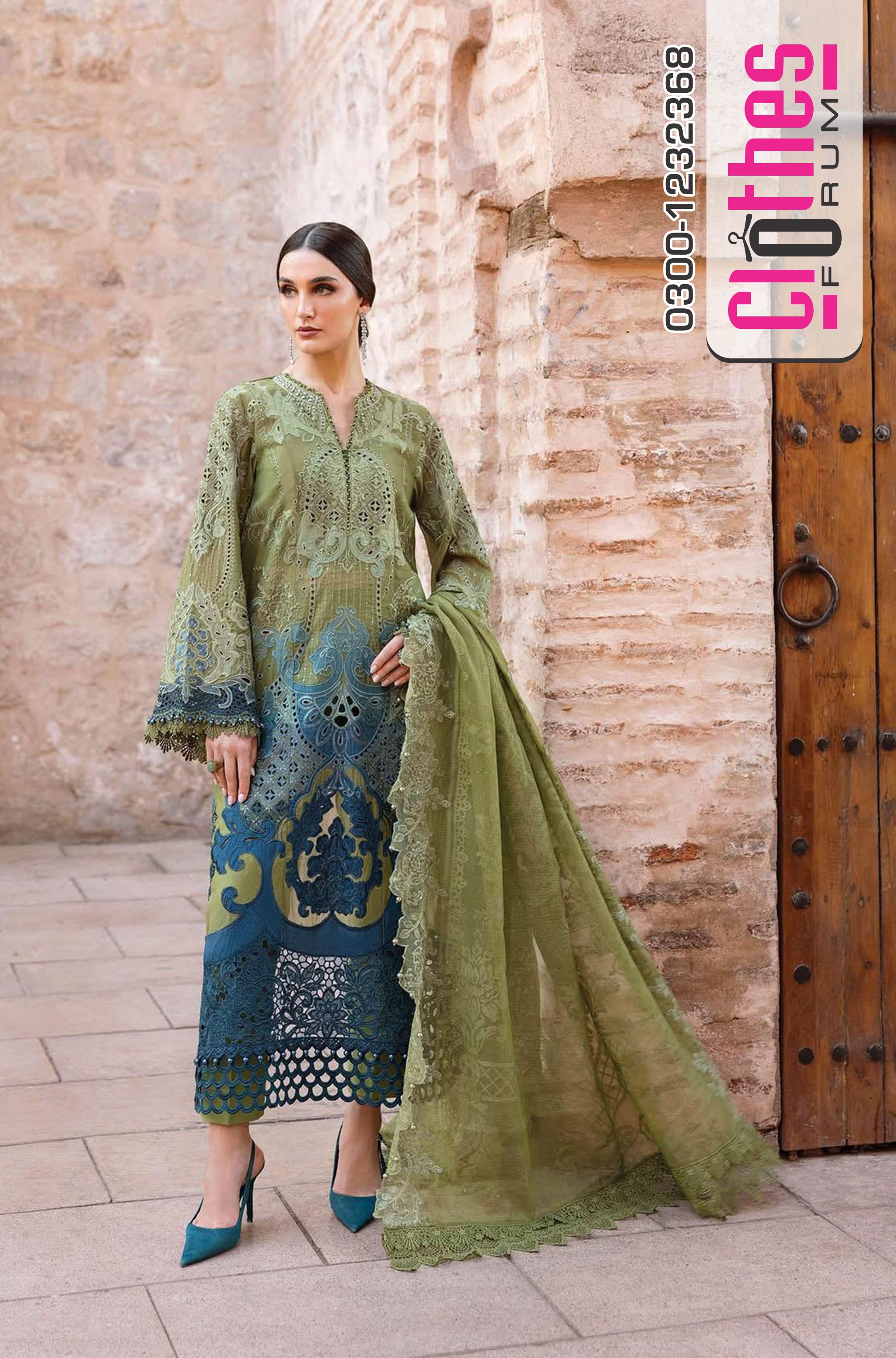 Maria B Voyage à Luxe x Morocco – Olive & Teal Embroidered Paper Cotton Masterpiece