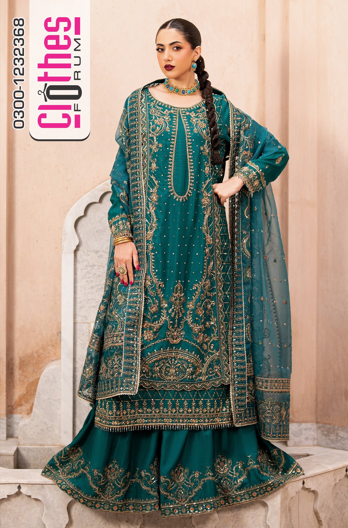 Naqshi Zinc Green Raw Silk Embroidered Luxury Wedding Sharara Suit