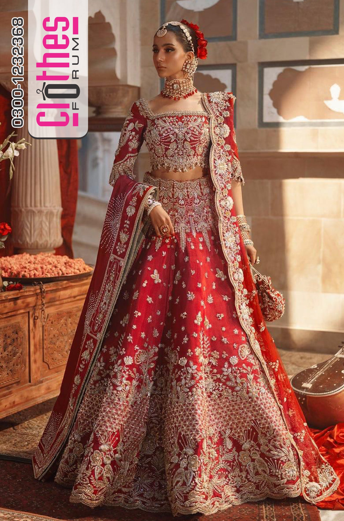 Nayra Red Bridal Chiffon Ensemble – Hand Embellished Lehenga, Blouse & Dupatta
