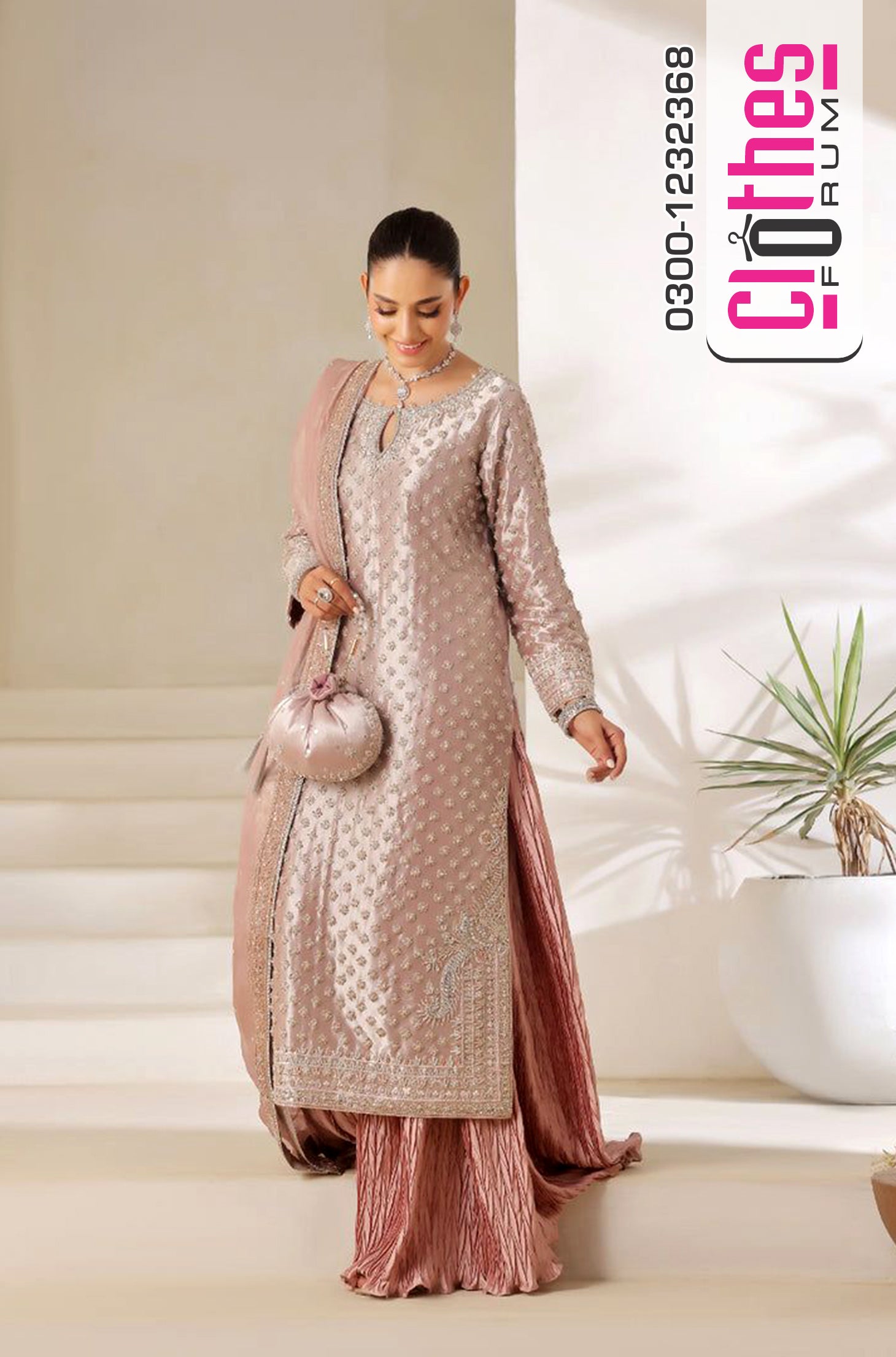 Pink Lama Silk Embroidered Long Shirt with Crushed Palazzo | Clothesforum