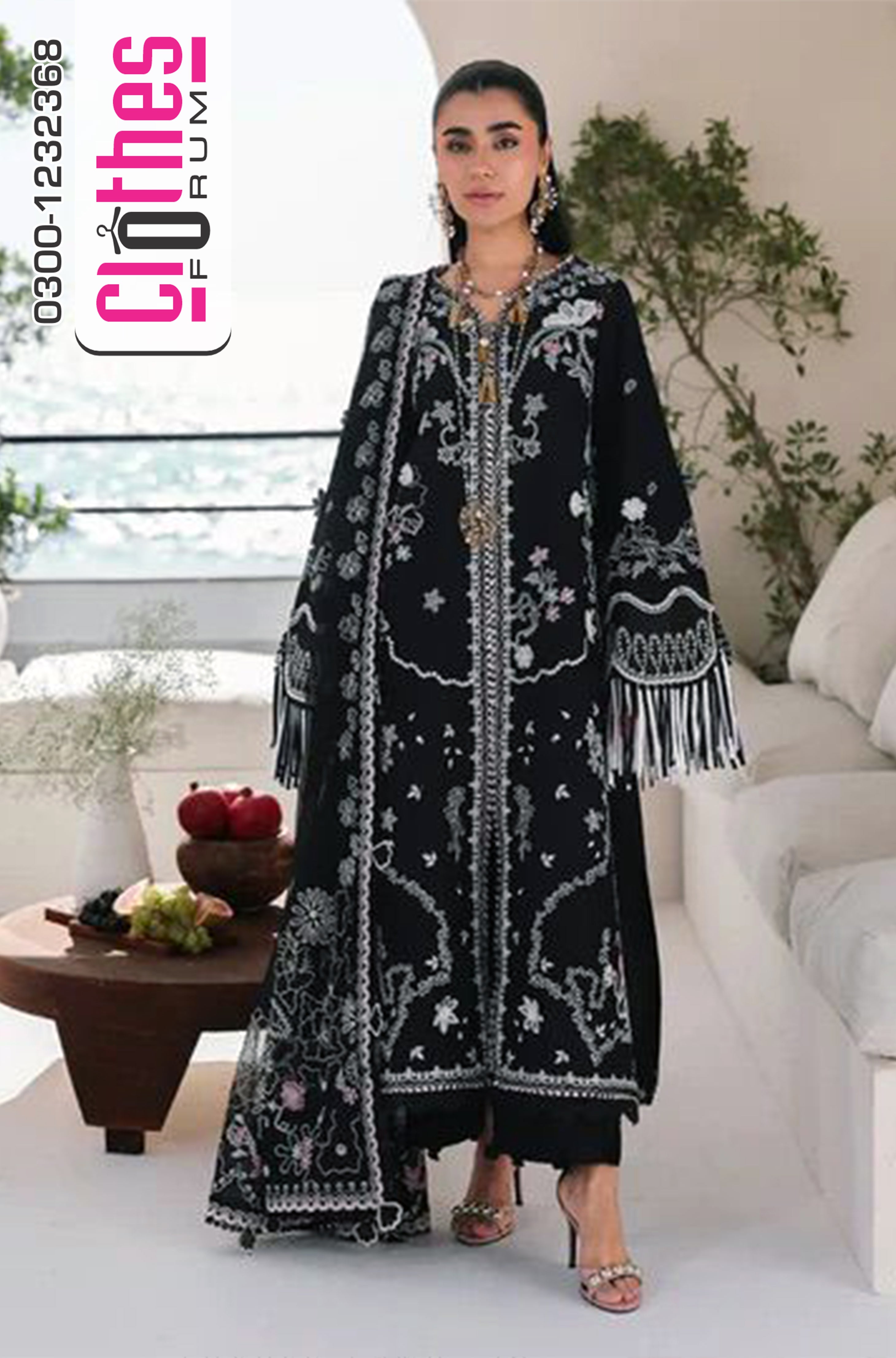 Qalamkar | Black 3D Floral Embroidered Chiffon & Lawn