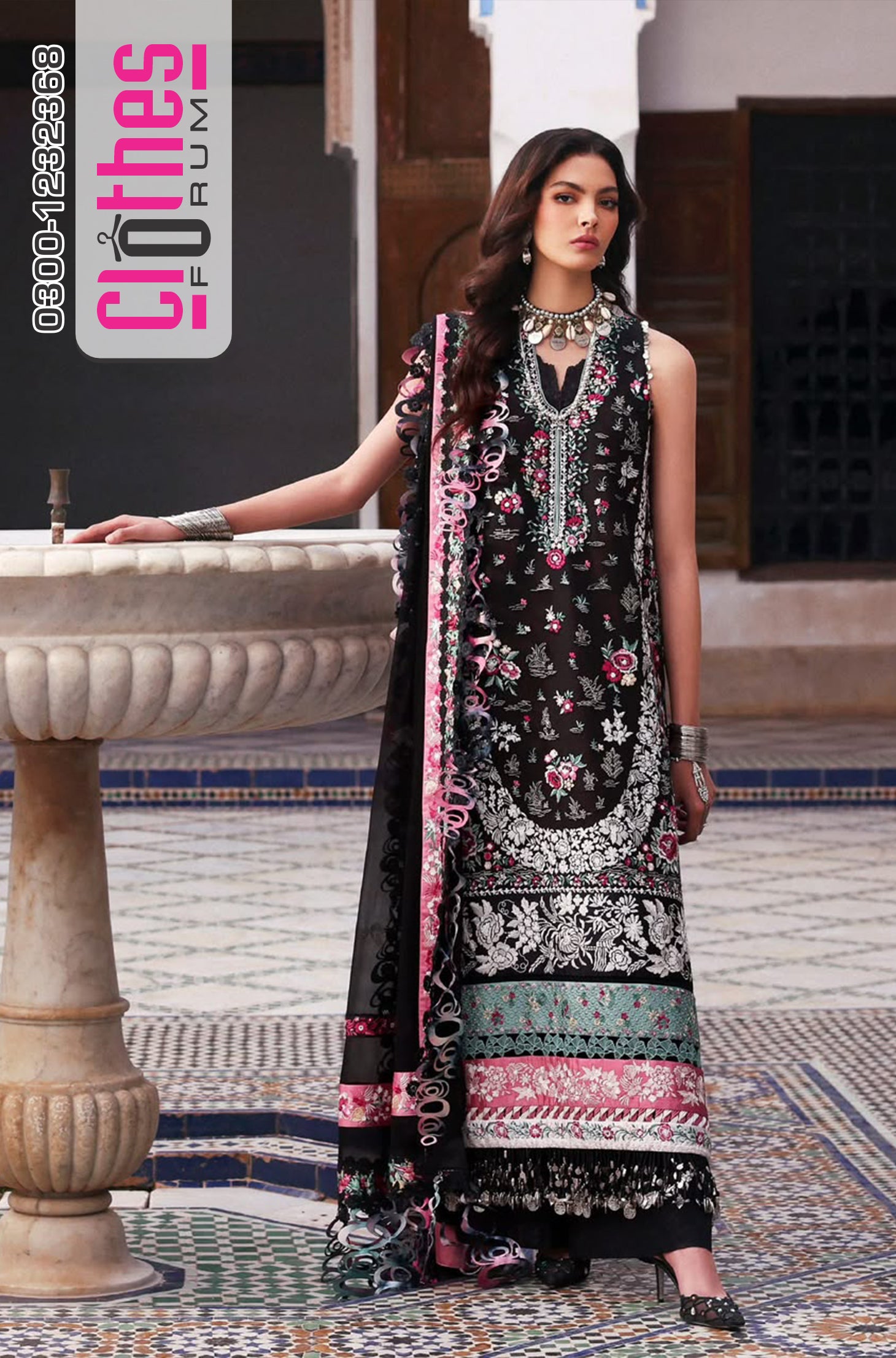 Republic Womenswear Black Embroidered Luxury Lawn Suit