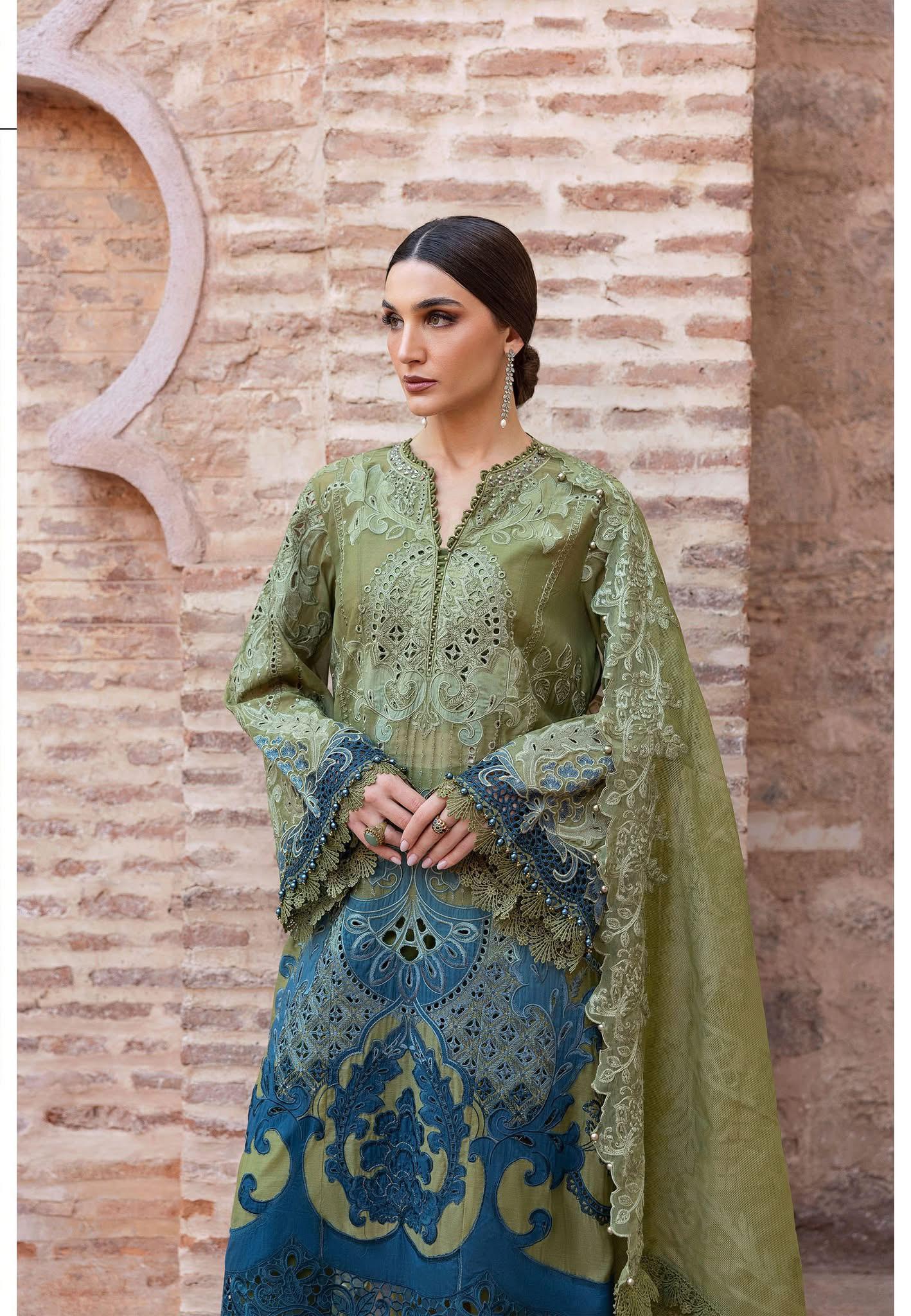 Maria B Voyage à Luxe x Morocco – Olive & Teal Embroidered Paper Cotton Masterpiece