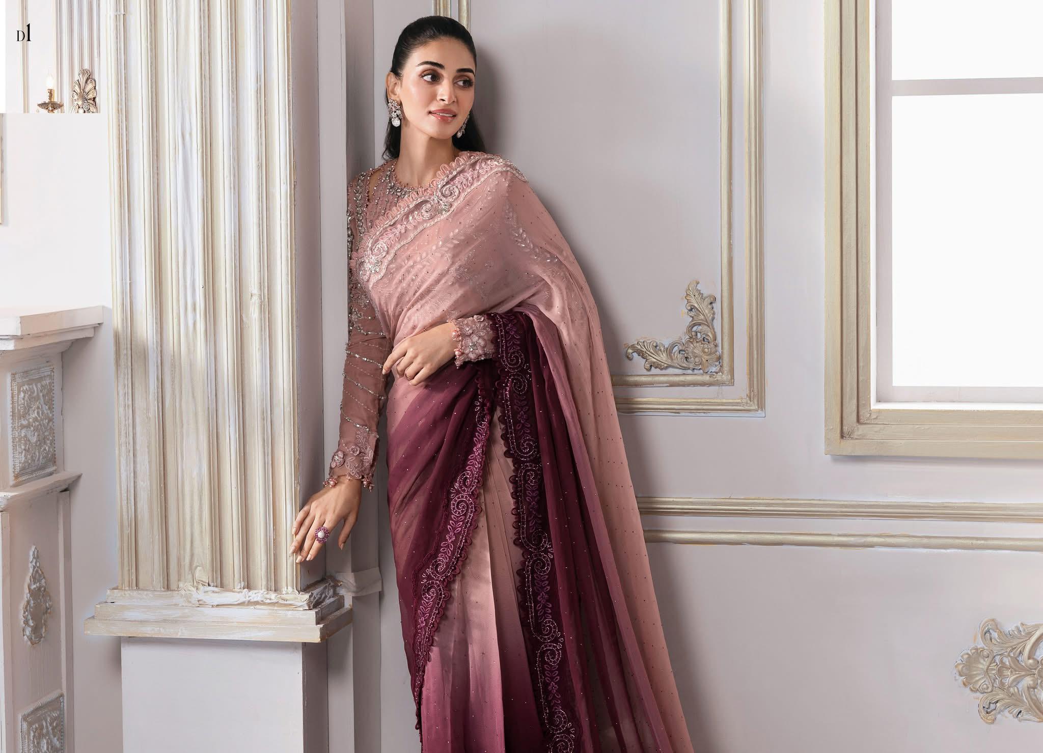 Maria B Embroidered Luxe Chiffon Saree – Majestic Mauve Wedding & Eid Edition 2025