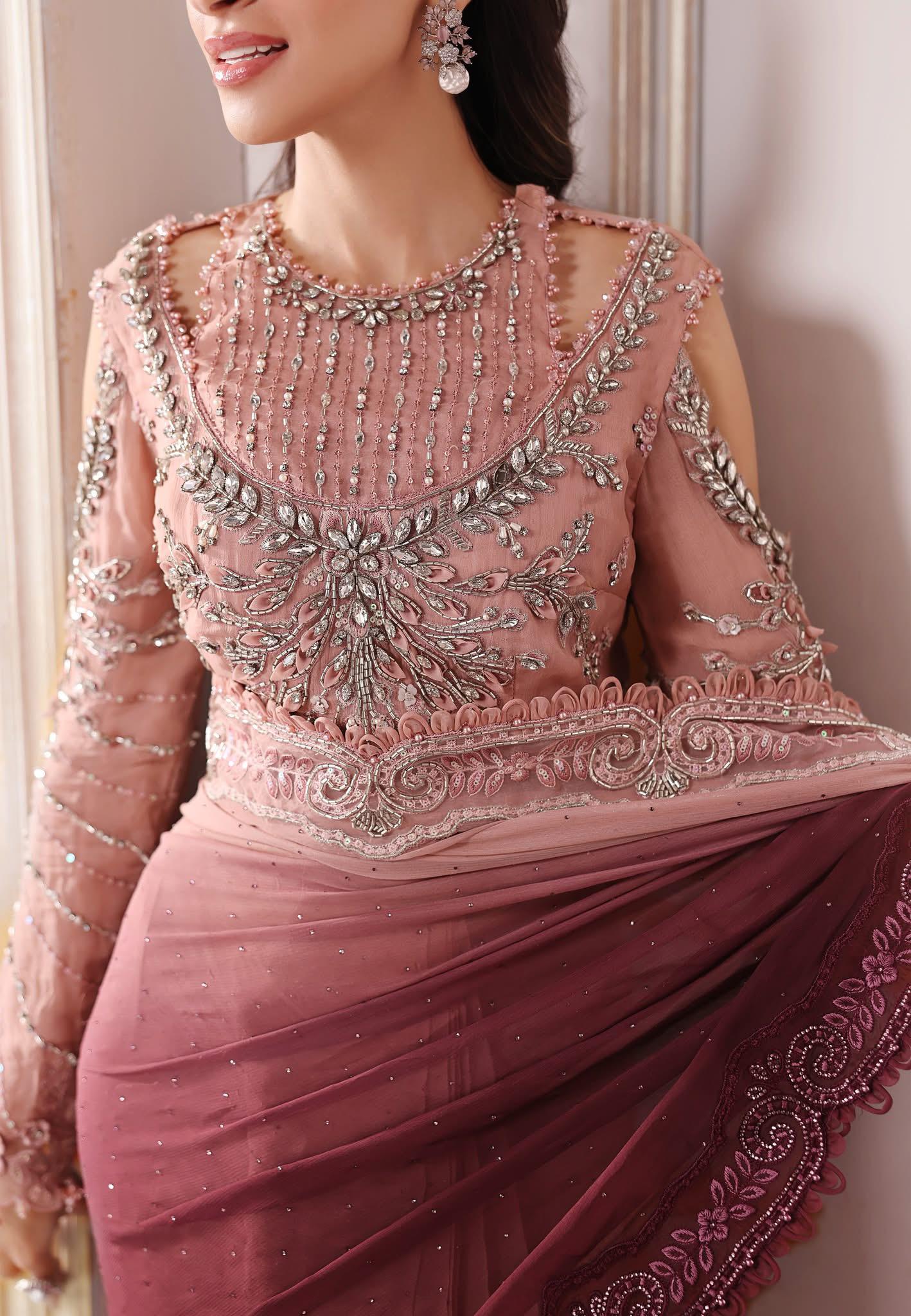 Maria B Embroidered Luxe Chiffon Saree – Majestic Mauve Wedding & Eid Edition 2025
